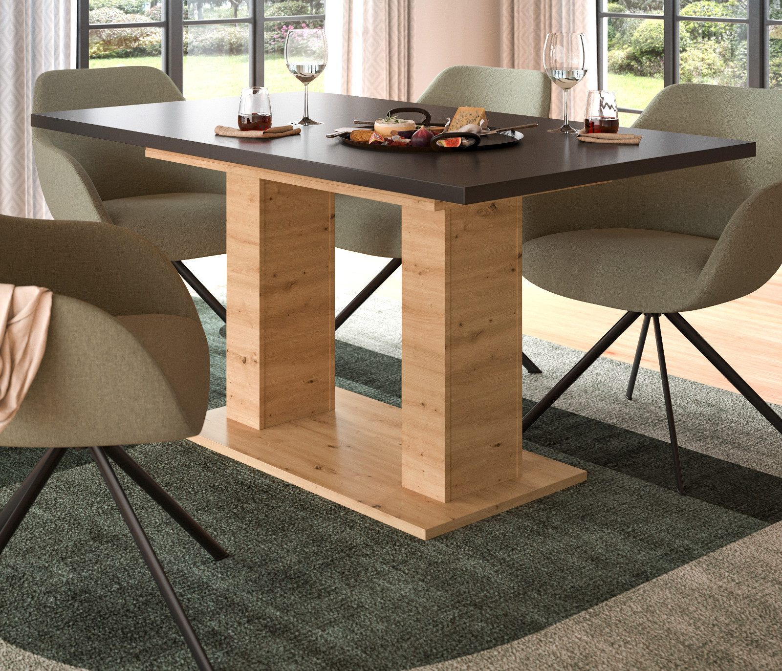 Inn.Furn Säulen-Esstisch Home-X (Küchentisch in Eiche Artisan und Grau, ausziehbar von 50 auf 190 cm), für bis zu 8 Personen