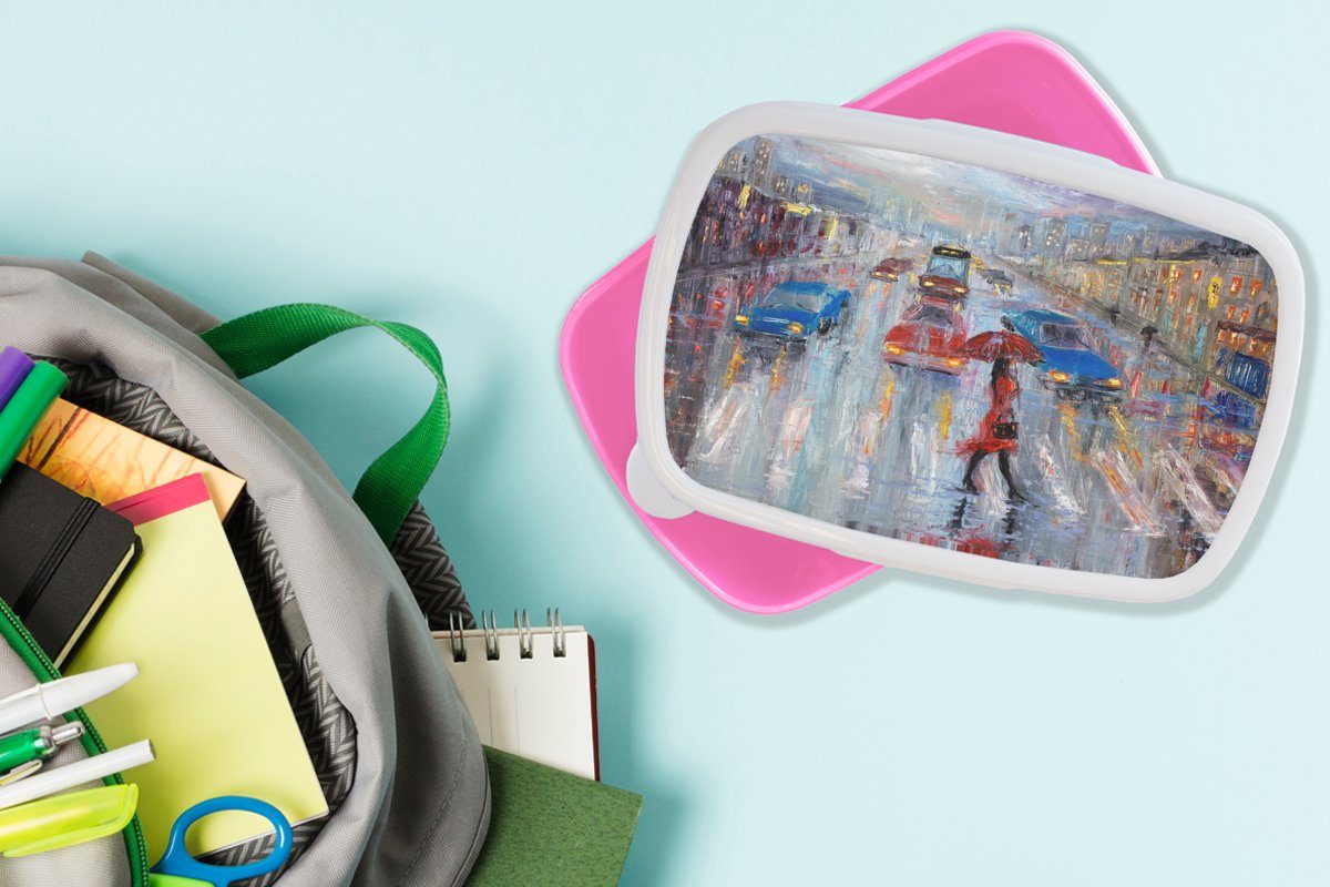 Gemälde - Snackbox, Auto für Kunststoff, Brotdose Lunchbox (2-tlg), Mädchen, MuchoWow Zebrastreifen, rosa Erwachsene, Kunststoff Brotbox Öl - - Kinder,