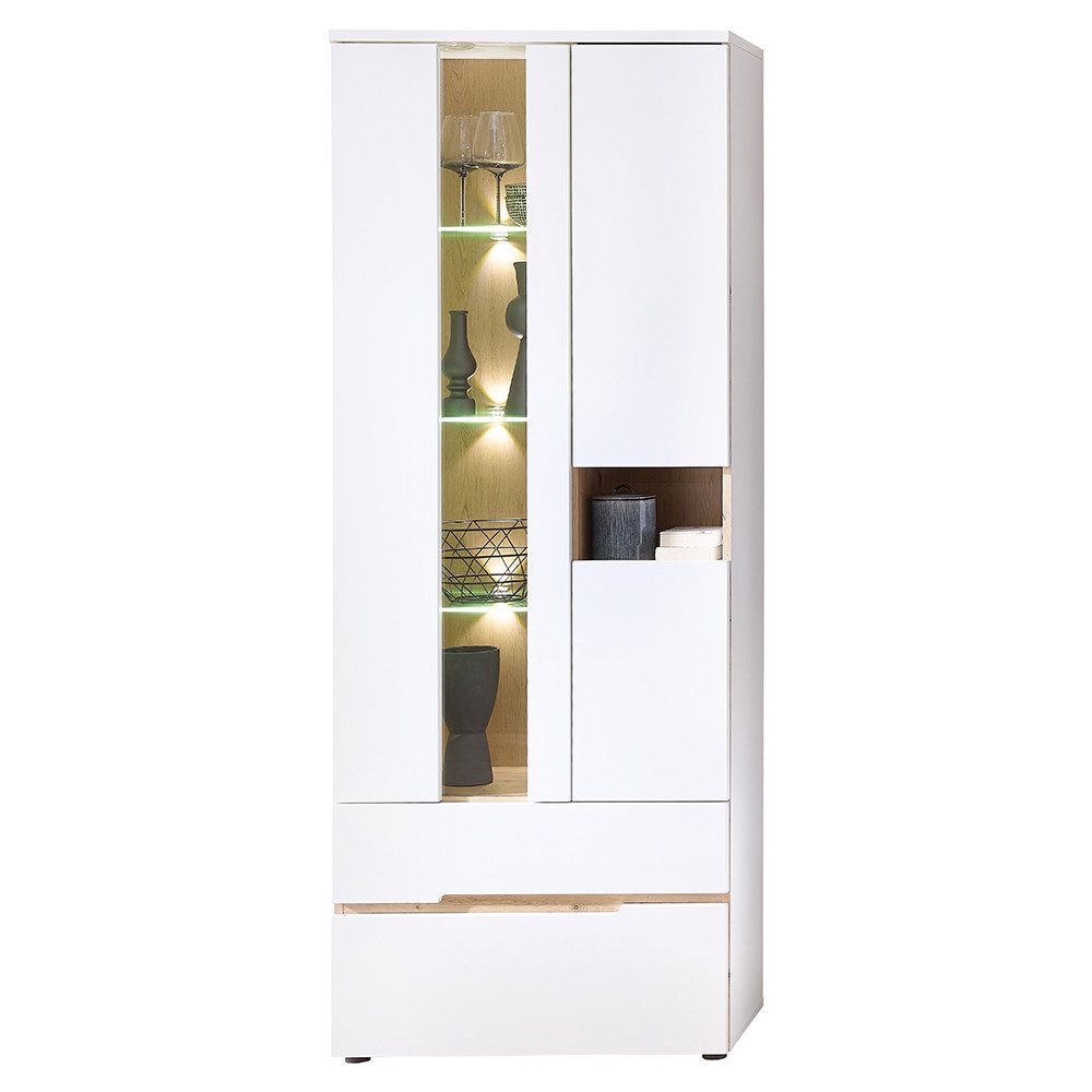 Lomadox Vitrine MANRESA-36-WHITE in weiß supermatt mit Eiche, inkl. LED-Beleuchtung, grifflos