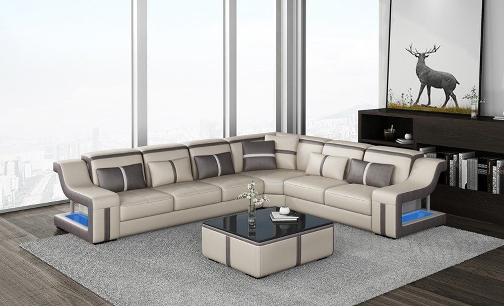 Ecksofa Luxuriöse Wohnlandschaft aus Rindsleder in Hellbeige/Dunkelbraun