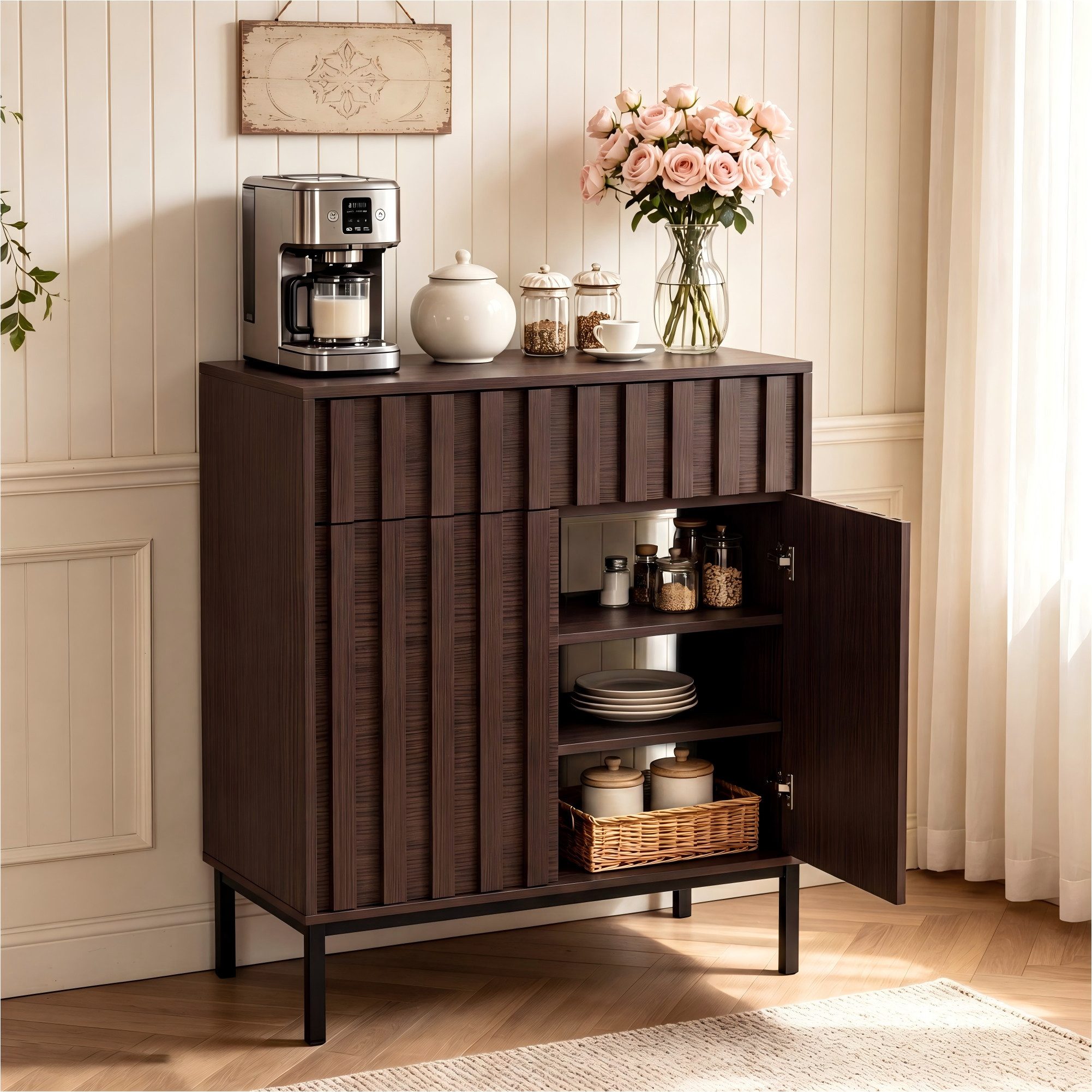 UEV Sideboard mit Schublade & 2Türen, Küchenschrank Kaffeebar Schrank 70x37x88,5cm (Schrank mit Kippschutz), Moderner & griffloser Aufbewahrungsschrank Kommode für Flur Wohnzimmer