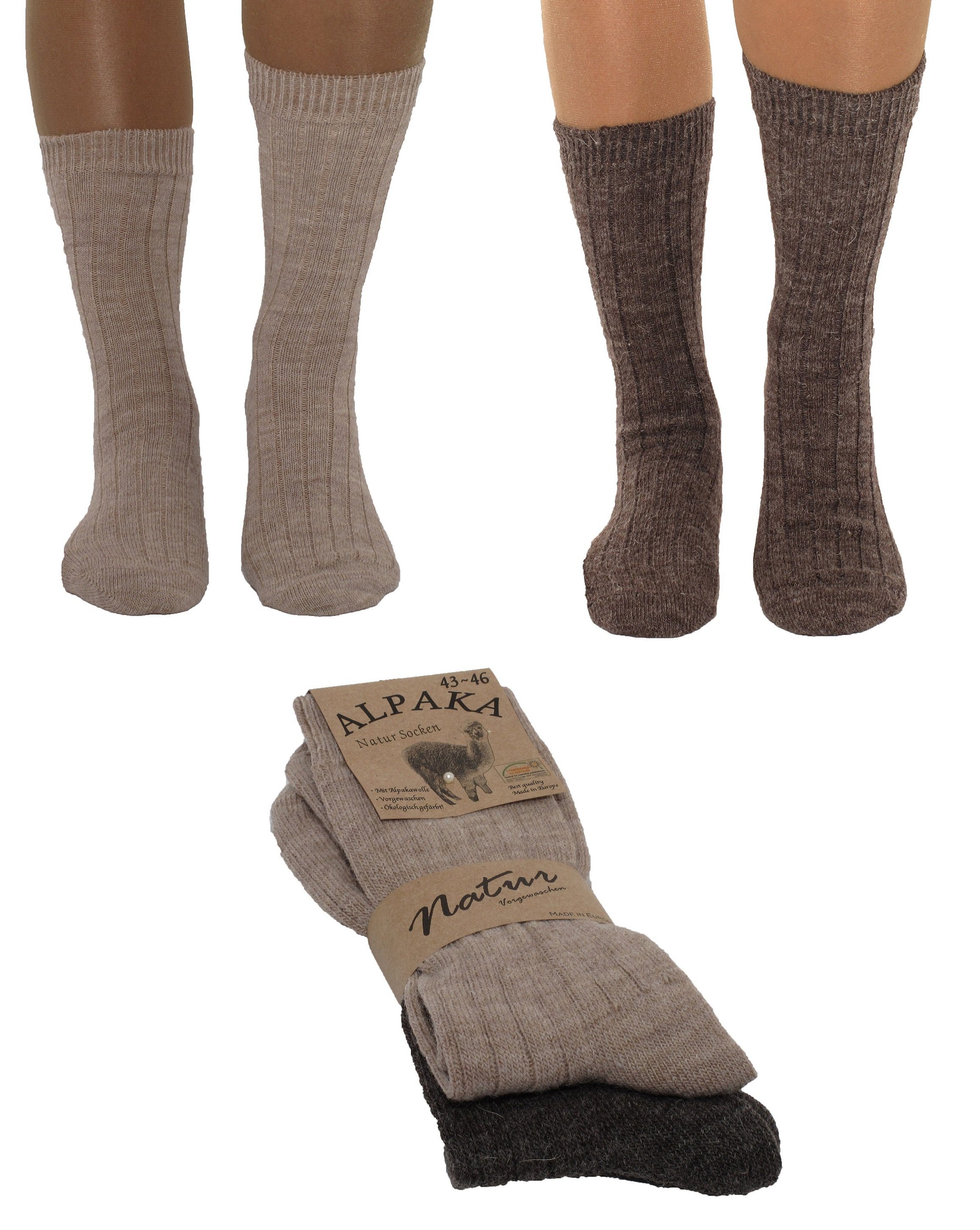 Markenwarenshop-Style Haussocken 2 Paar Alpaka Socken Schafswolle Wollsocken Dünn gestrickt Strümpfe Hellbraun / Dunkelbraun