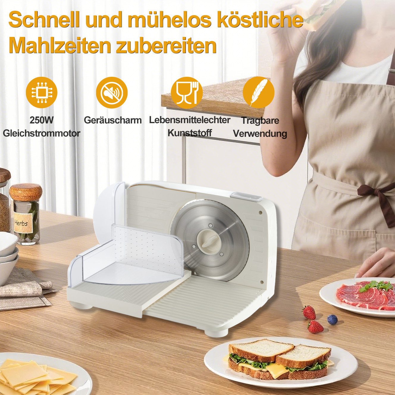 Forrlite Allesschneider, Elektrischer Allesschneider, 250 W, mit 2 Edelstahlklingen (170 mm), Verstellbare 0–15 mm, herausnehmbares Messer, ideal für Fleisch, Brot