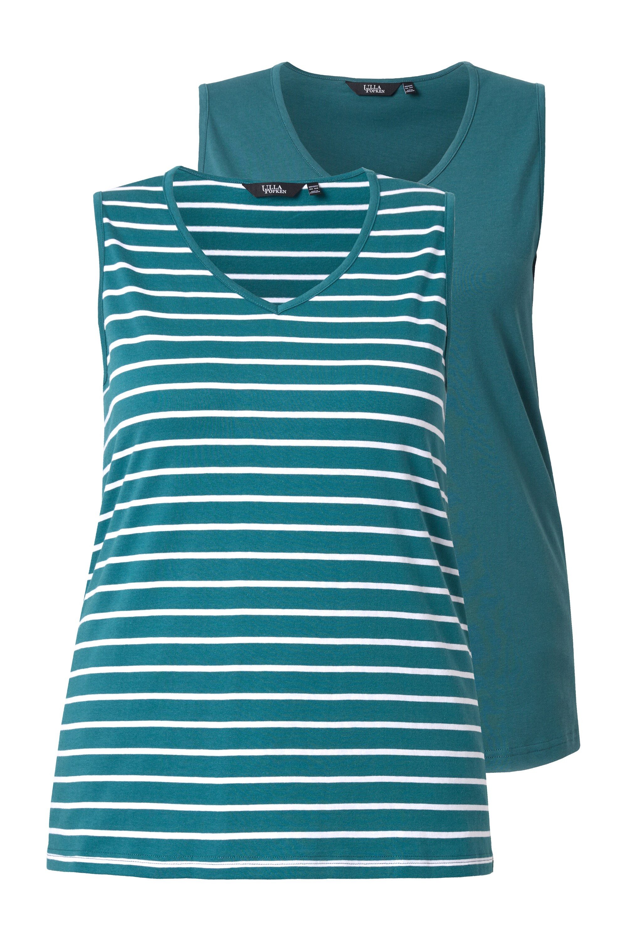 Ulla Popken Longtop Top 2er-Pack Ringel/uni V-Ausschnitt ärmellos (2-tlg)