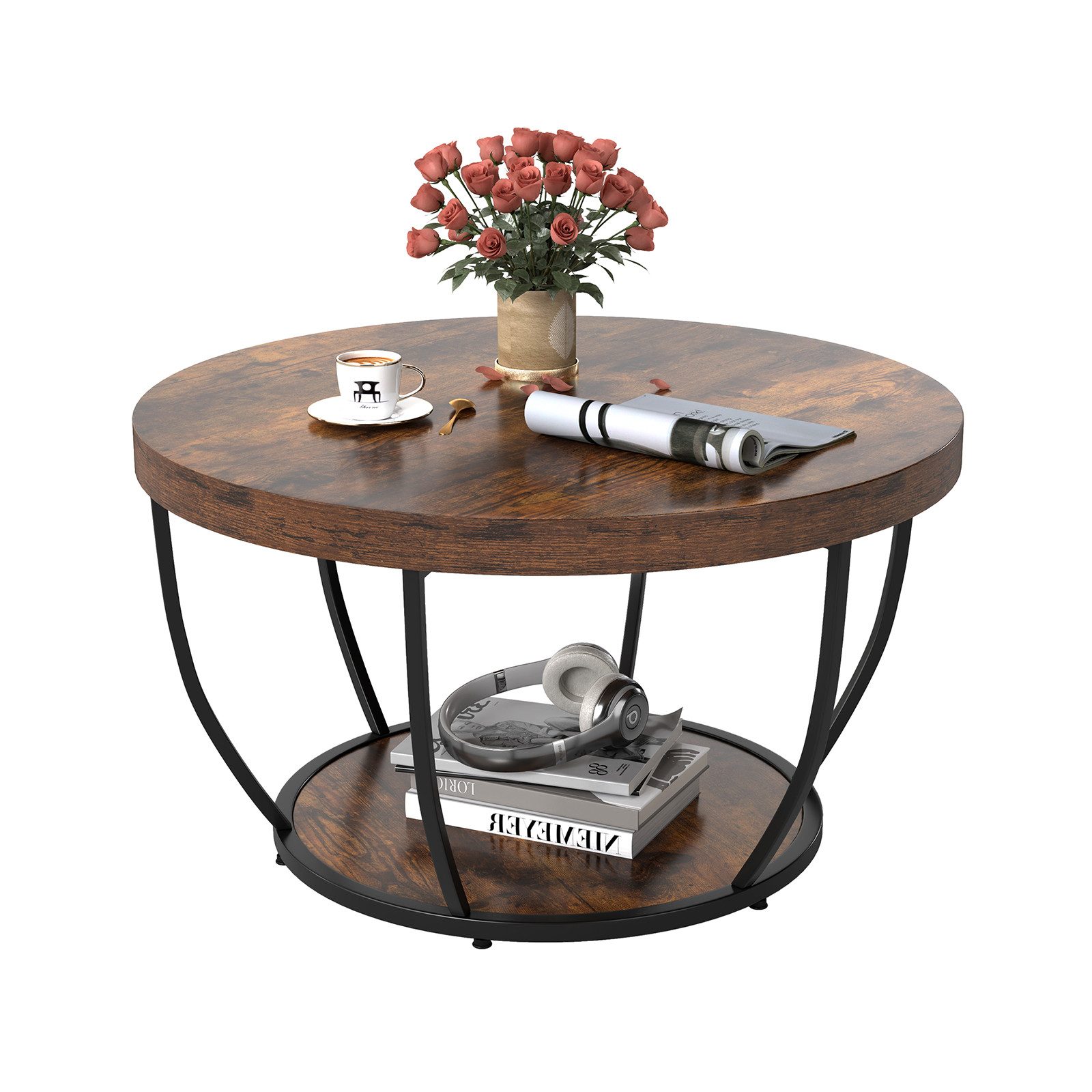 COSTWAY Couchtisch, Couchtisch rund, Sofatisch Holz mit 2 Ebenen & Metallra günstig online kaufen