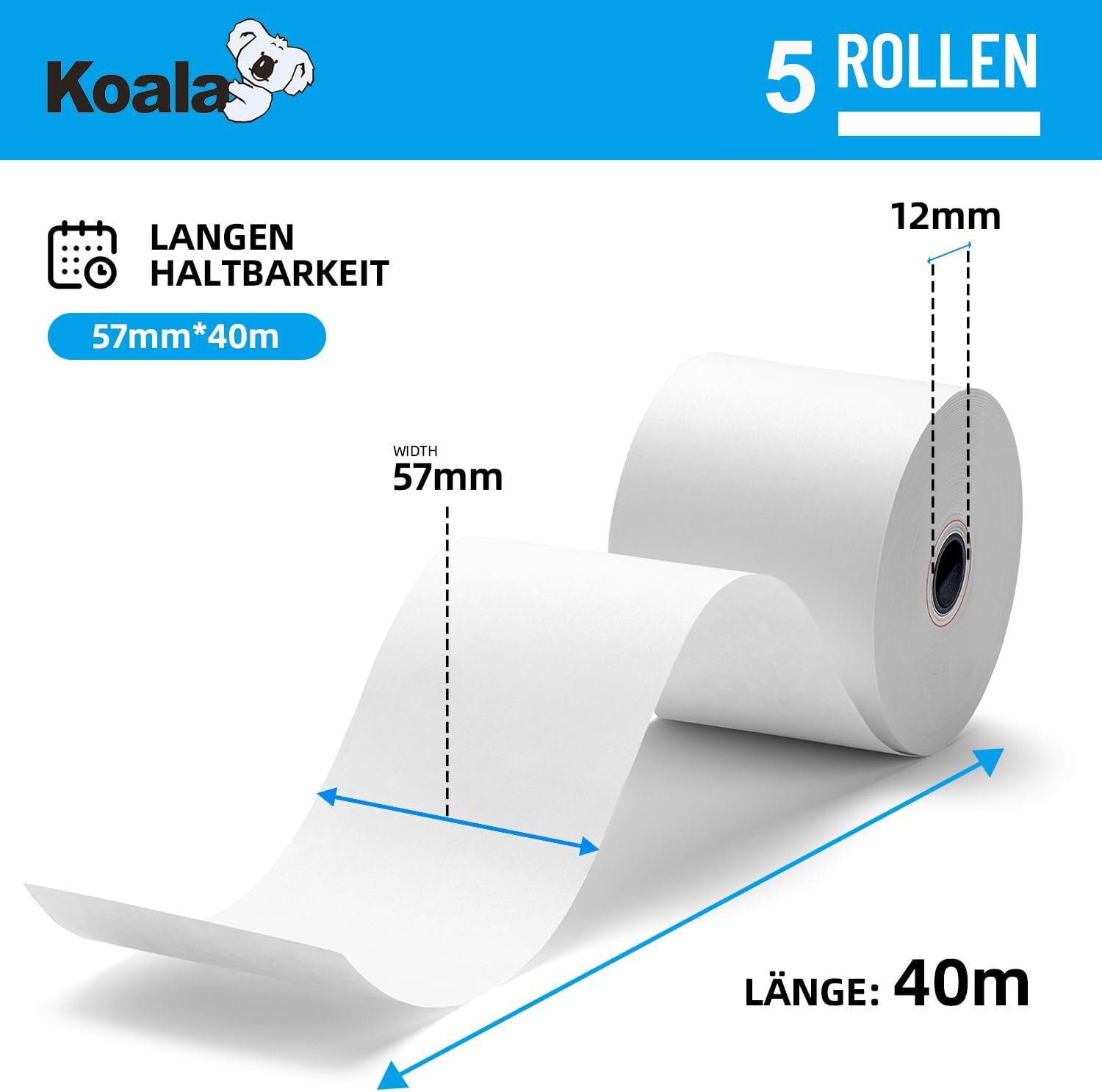 Thumbnail - Koala Etikettenpapier 5 Rollen 57 x 40 m Thermopapier Bonrolle für Kassen, Drucker