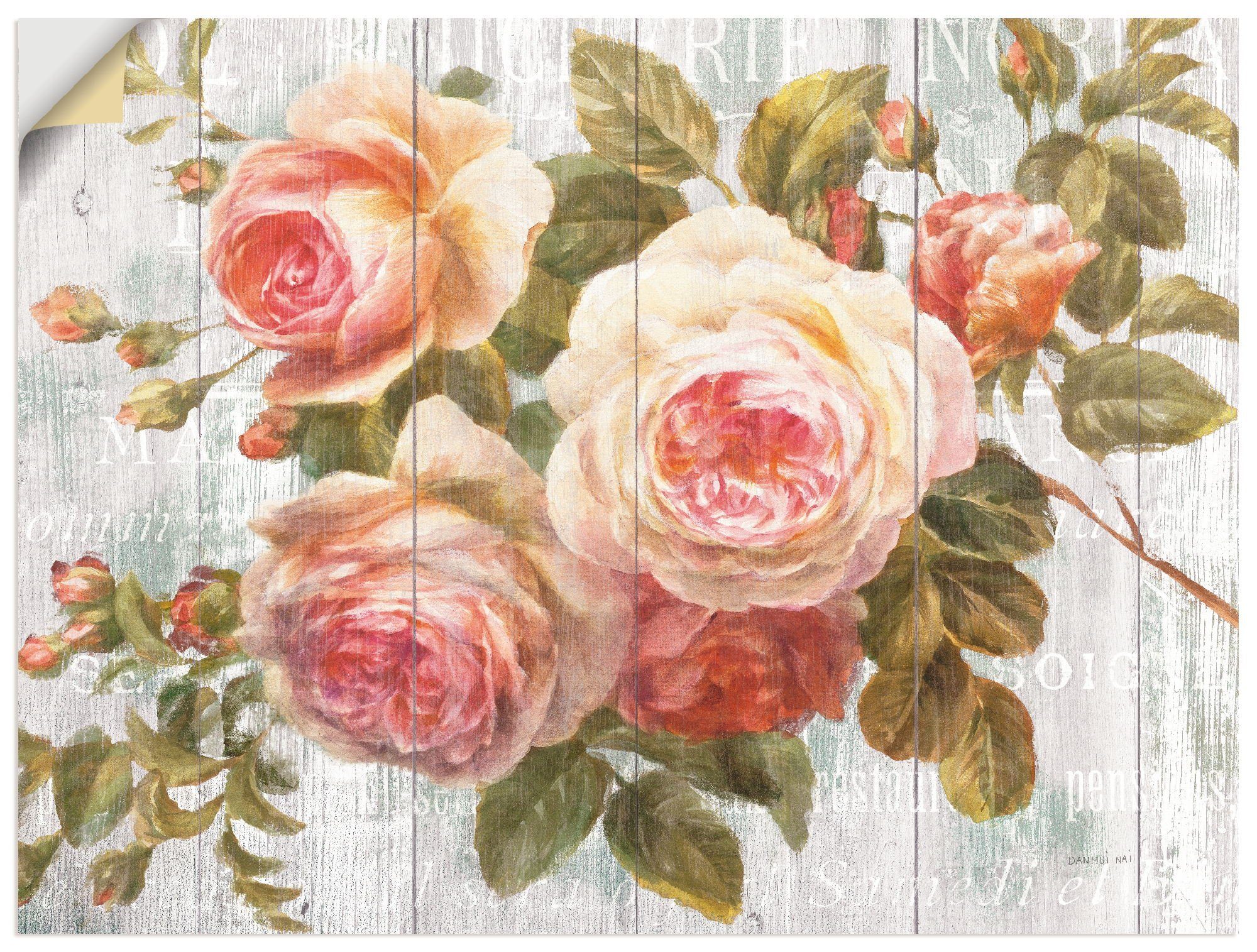 Artland Wandbild Vintage Rosen auf Holz, Blumen (1 St), als Leinwandbild, Poster, Wandaufkleber in verschied. Größen