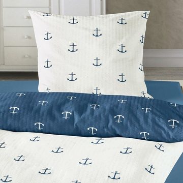 Bettwäsche Anker, TRAUMSCHLAF, Seersucker, 2 teilig, maritimes Design in bügelfreier Qualität