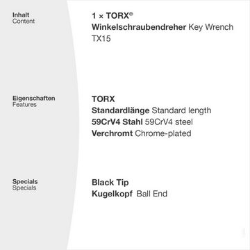 TORX Torxschlüssel Verchromt - Winkelschlüssel TX9 - TX40, mit Kugelkopf & Black Tip