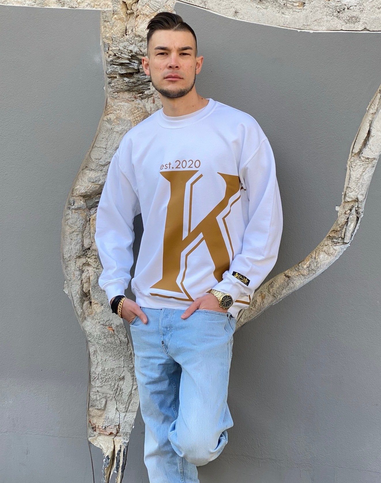 KR-Industries Sweater Sweat KR White mit Rundhalsausschnitt und extravaganten Applikationen