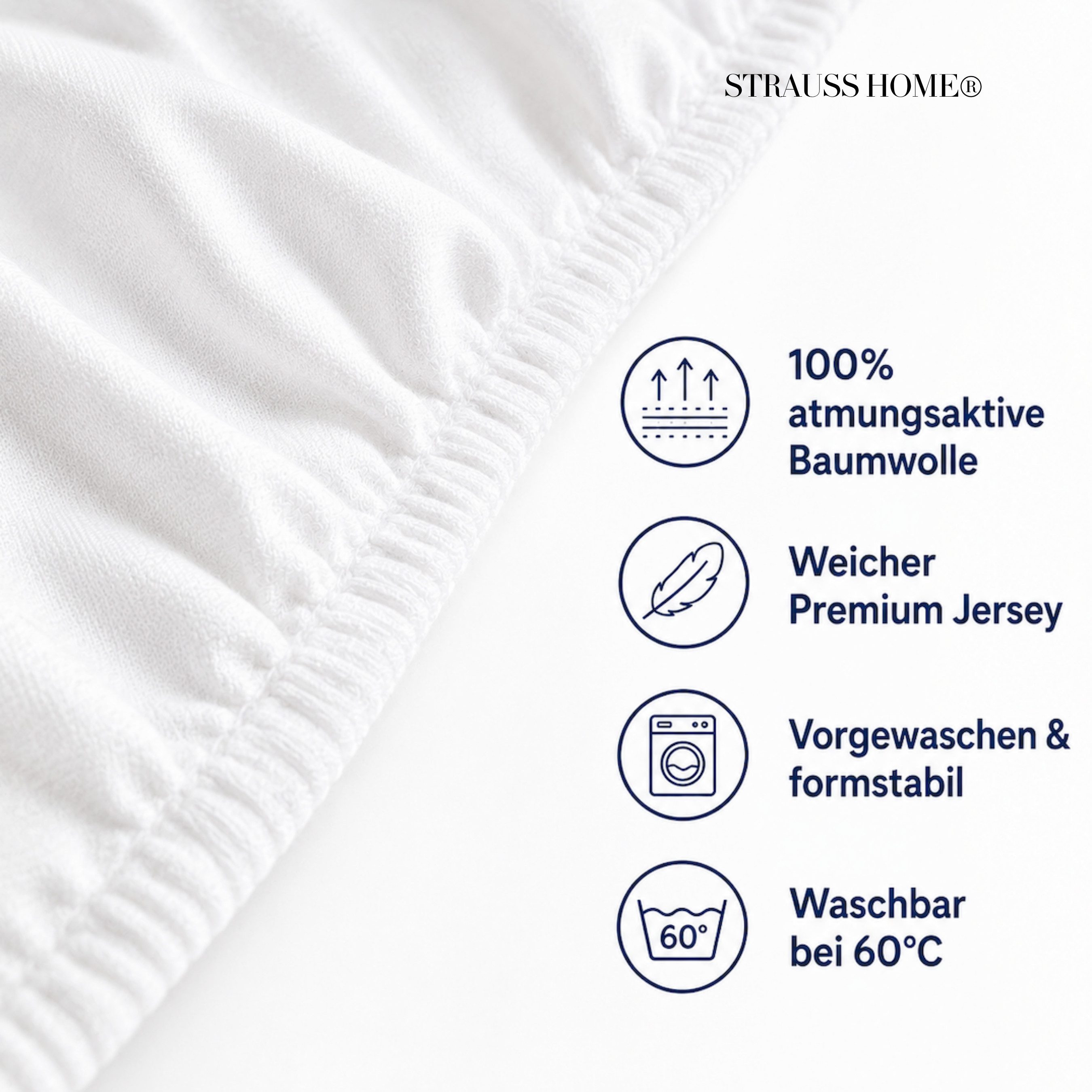 Strauss Home Spannbettlaken Premium RUND 220x220 bis 25cm 100% Baumwolle 160GSM Jersey, Gummizug: Rundumgummizug, 150GSM