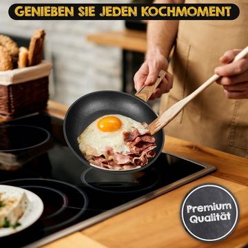 KESSMANN Pfannen-Set Bratpfanne 24 cm & Hochrandpfanne 24 cm mit Glasdeckel 6tlg Induktion, Aluminium (Set, 6-tlg., Inkl. 1 Pfannenwender + 1 Kork Untersetzer + 1 Holzlöffel Antihaft), Pfannenset induktionsherd Kasserolle Hochrand Pfanne Camping Bräter