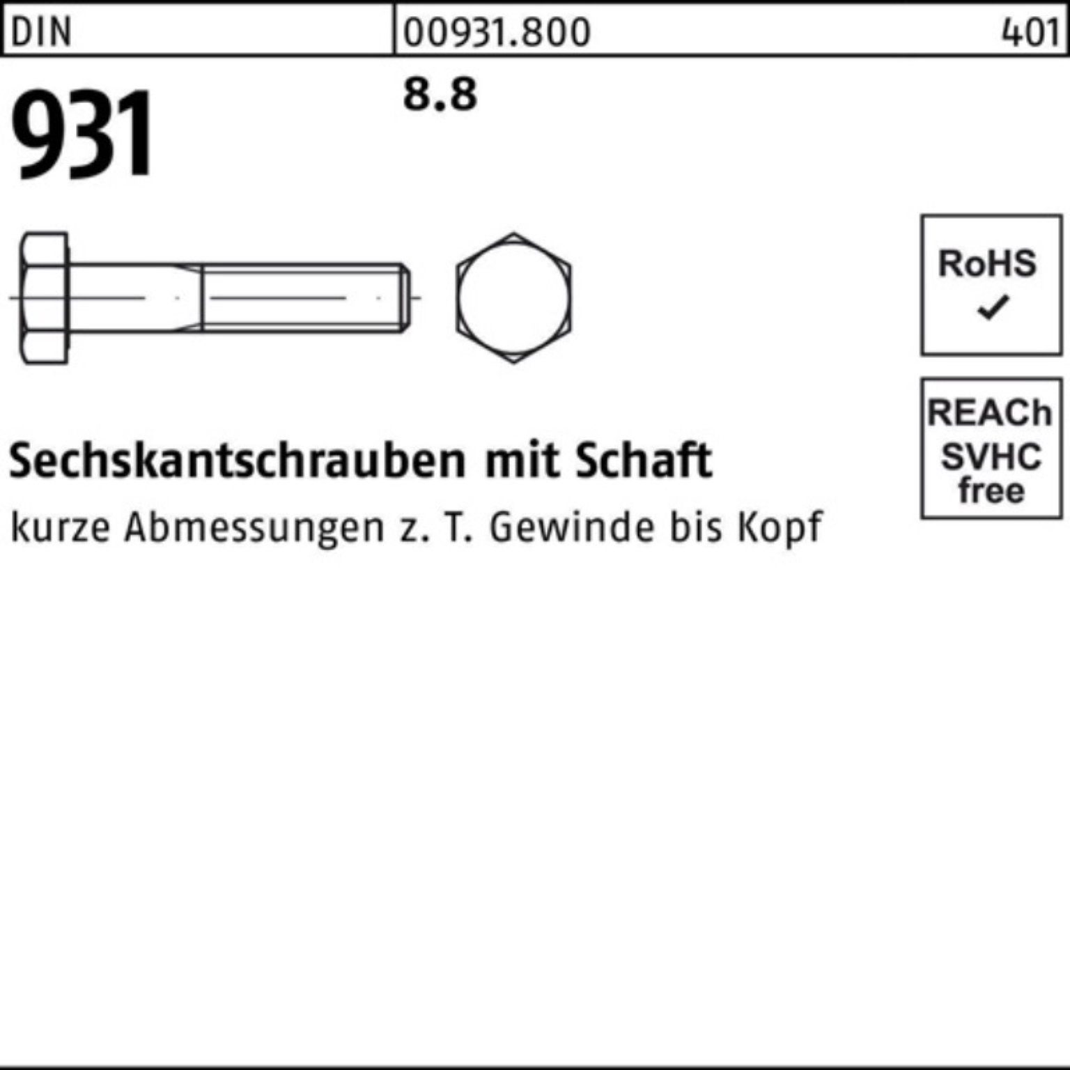 Stück M20x DIN 931 Pack Sechskantschraube Reyher 480 1 Sechskantschraube DIN 100er 8.8 Schaft