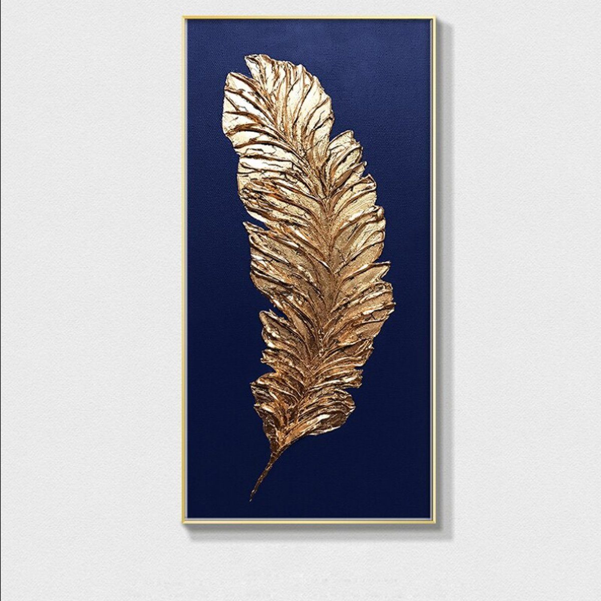 TPFLiving Kunstdruck (OHNE RAHMEN) Poster - Leinwand - Wandbild, Nordic Art - Goldene Feder auf blauem oder grauem Hintergrund - (2 Motive in 4 verschiedenen Größen zur Auswahl), Farben: Blau, Gold, Grau - Größe: 30x60cm