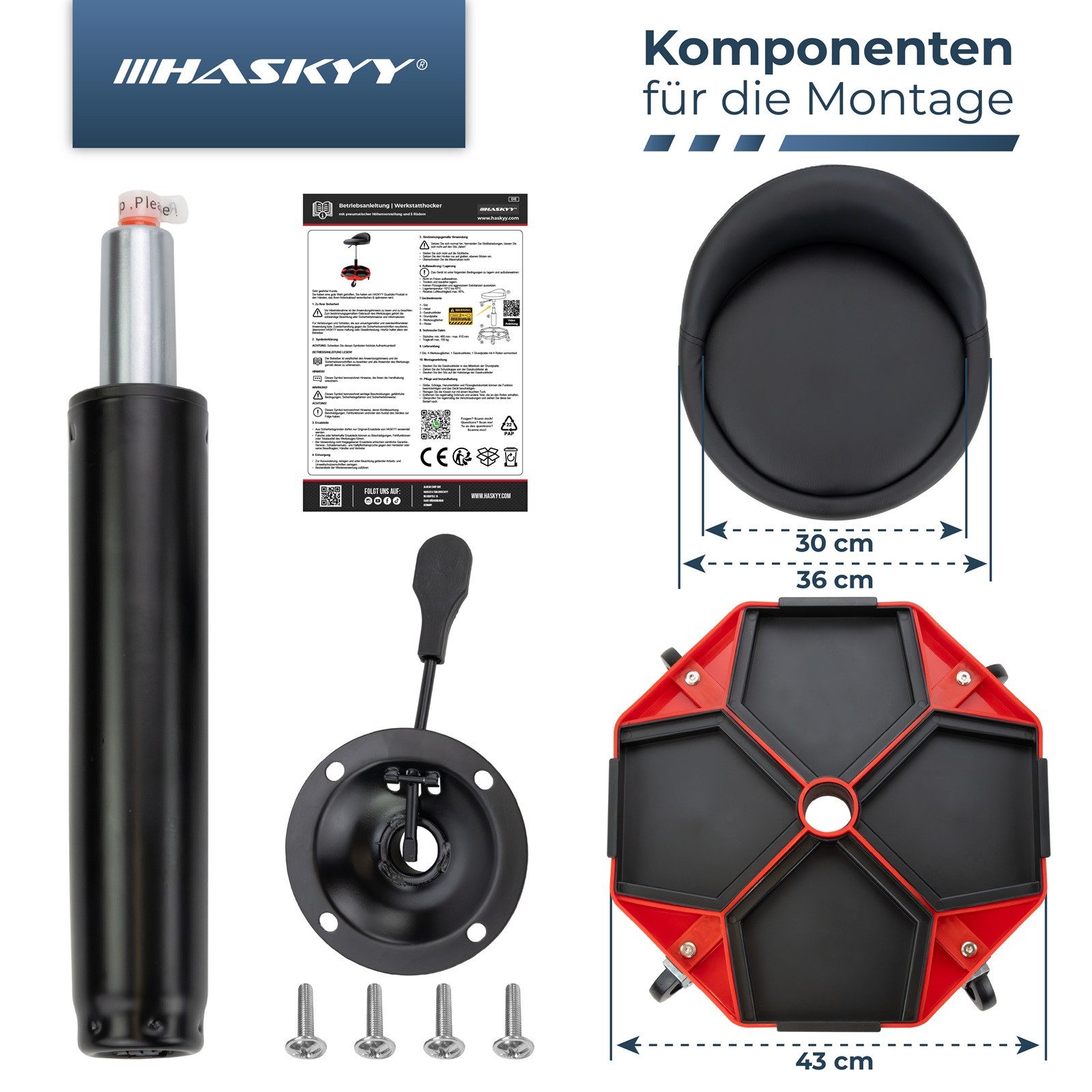 HASKYY Arbeitshocker HASKYY Werkstatthocker mit Rückenlehne, höhenverstellbar