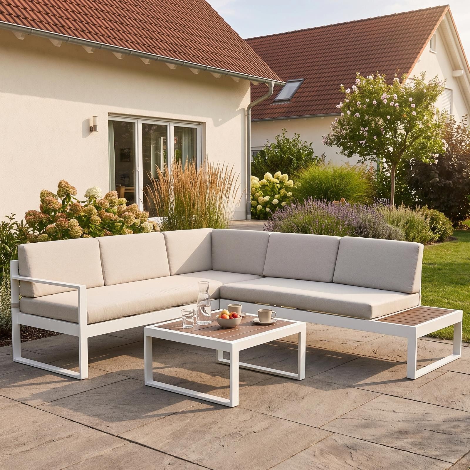 bellavista - Home&Garden® Gartenlounge-Set Lounge-Set Lima für 5 Personen Aluminium weiß mit Tisch, (Set, 3-tlg., 1 3-Sitzer Sofa), weiß, Aluminium, für 5 Personen, wetterfest - Garten, Terrasse