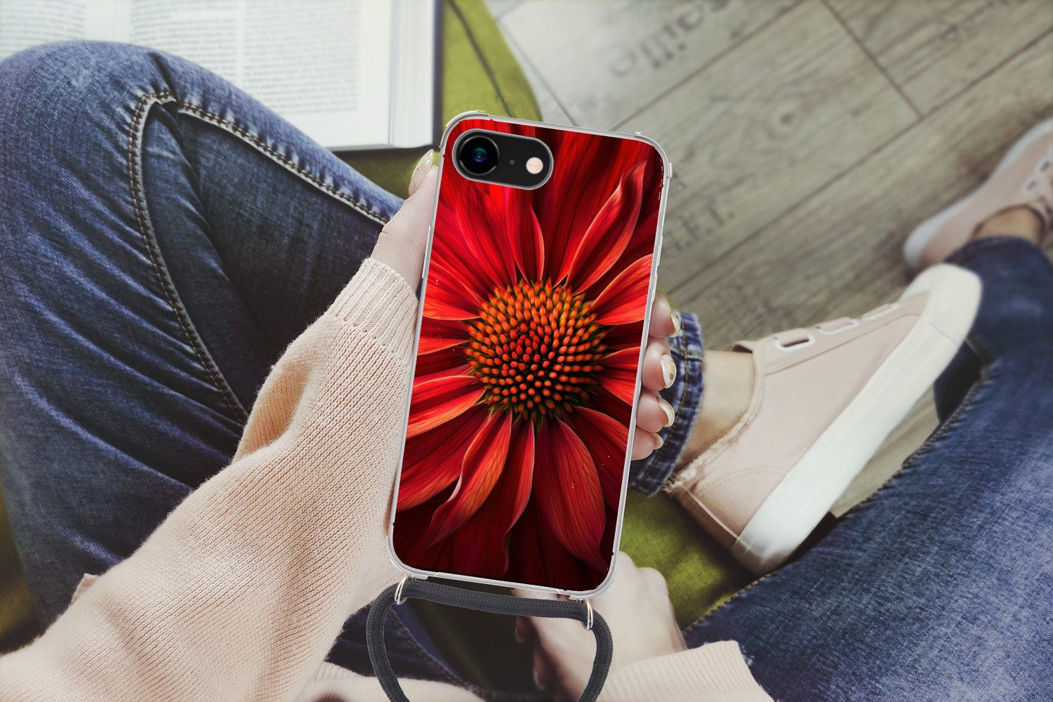 MuchoWow Handyhülle für Apple iPhone 7 Nahaufnahme - Blume - Rot, Tragbare Handyhüllen mit Kette zum umhängen, Handykette Handyband
