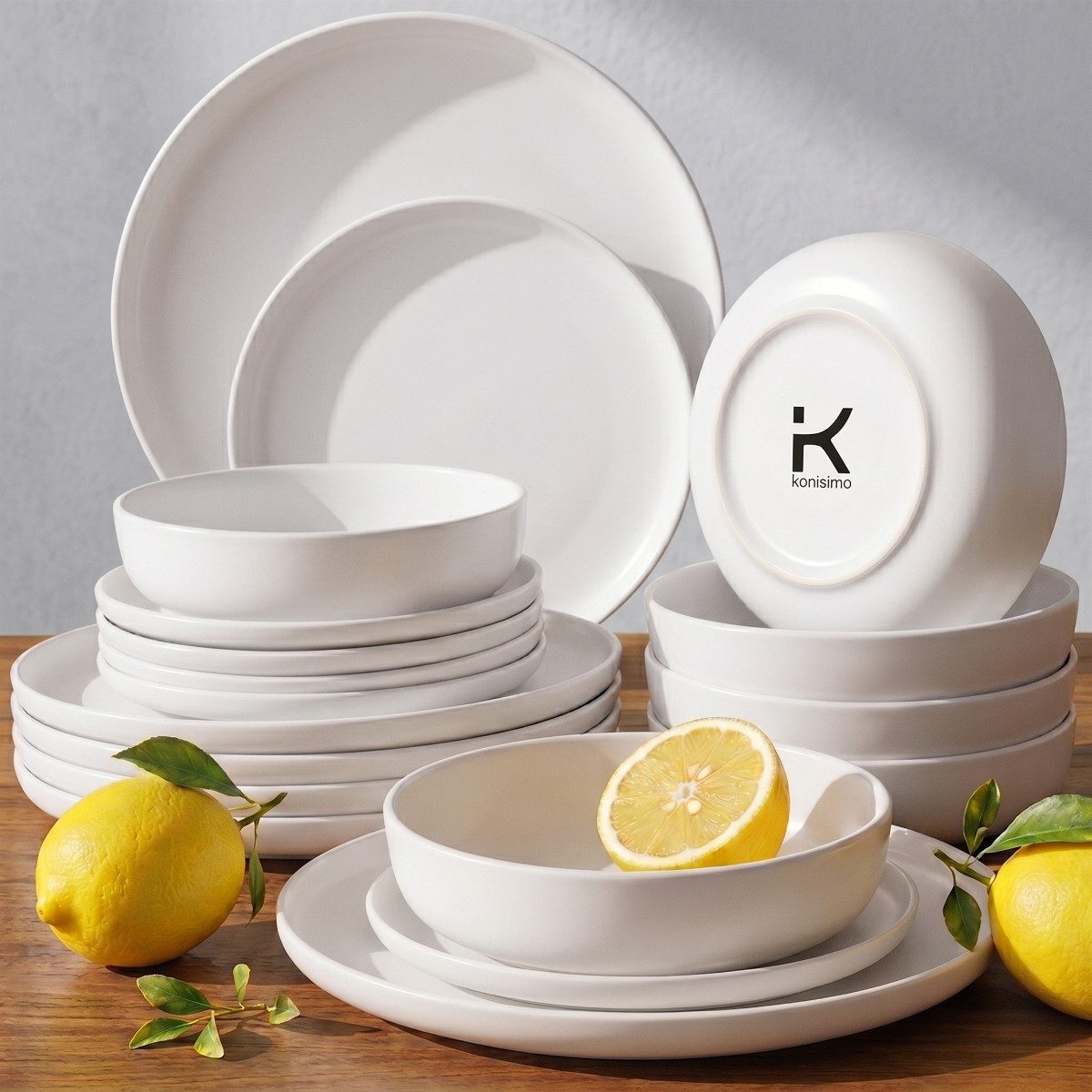 KONSIMO® Tafelservice VICTO Geschirrset hergestellt in der EU (18-tlg), 6 Personen, Steingut, spülmaschinengeeignet, mikrowellengeeignet, matt, rund