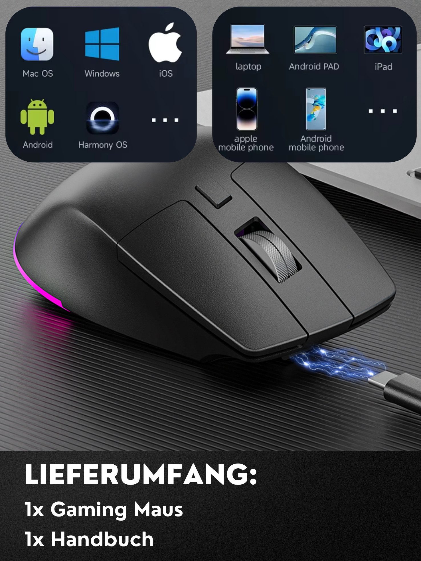 S&T Design RGB Gaming Maus Kabellos Wireless Schwarz Bluetooth Gaming-Maus (Funk, kabelgebunden, Bluetooth, USB-C, 2400 dpi, Ergonomisch, 6 Tasten, 7 RGB Beleuc – Bild 4 von 5