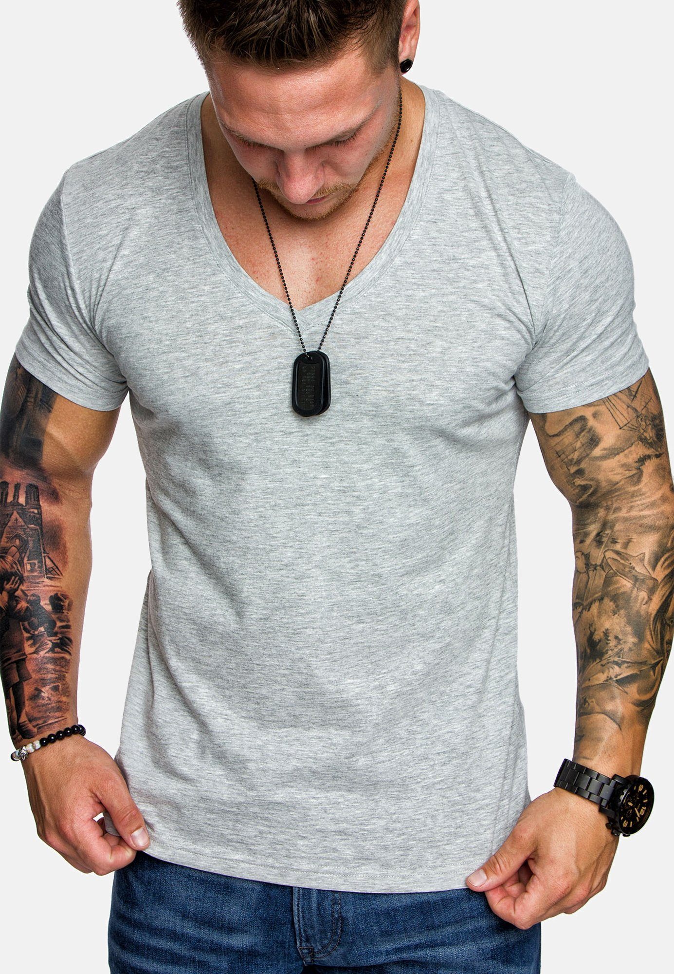 Amaci&Sons T-Shirt EUGENE Basic T-Shirt mit V-Ausschnitt Herren Einfarbig Vintage V-Neck Basic V-Ausschnitt Shirt