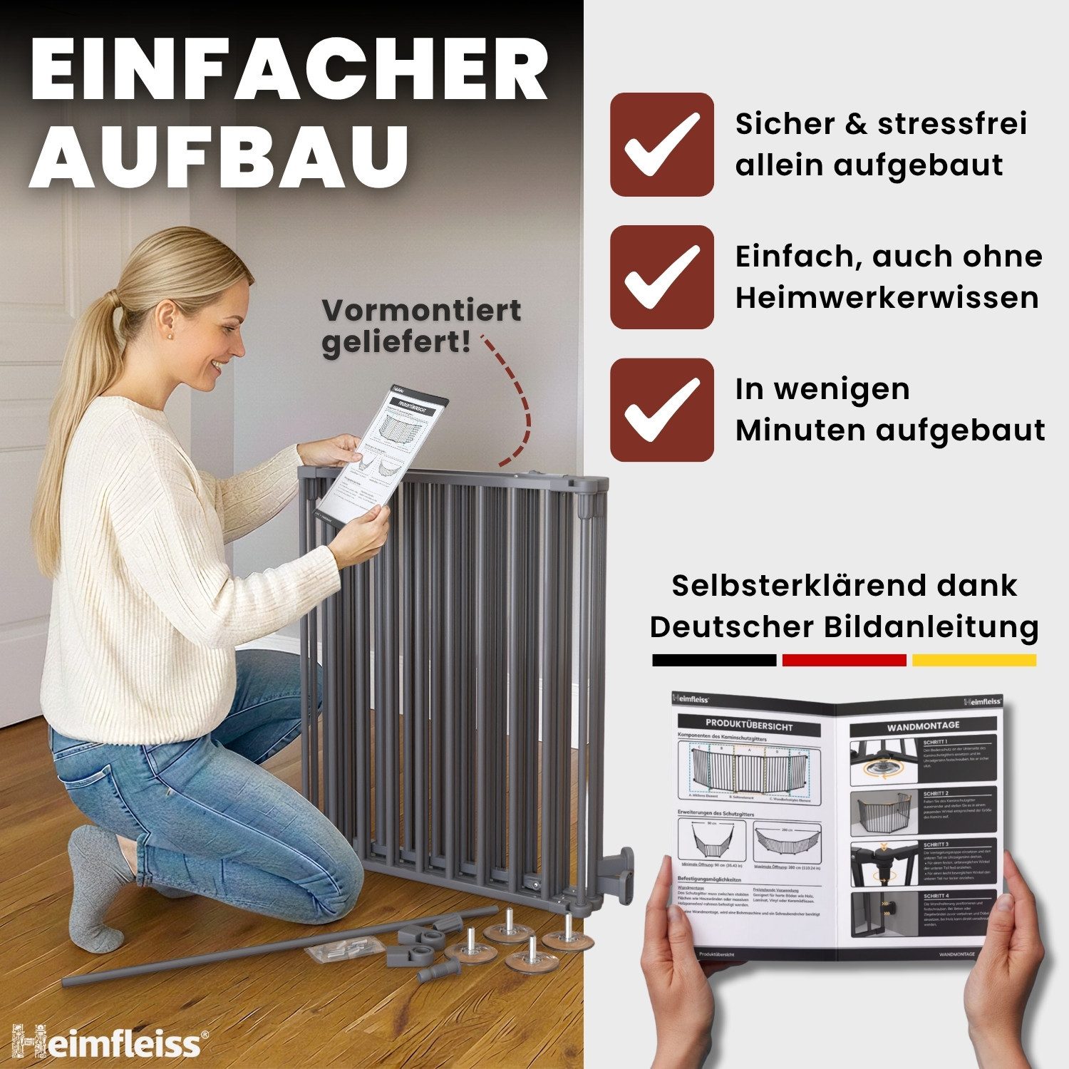 Heimfleiss® Ofenschutzgitter Kaminschutzgitter ohne Bohren Baby Hunde (Treppenschutzgitter Türgitter, 5 St., inkl. Saugnäpfe & Wandhalterungen), 308 cm mit Türf – Bild 5 von 5