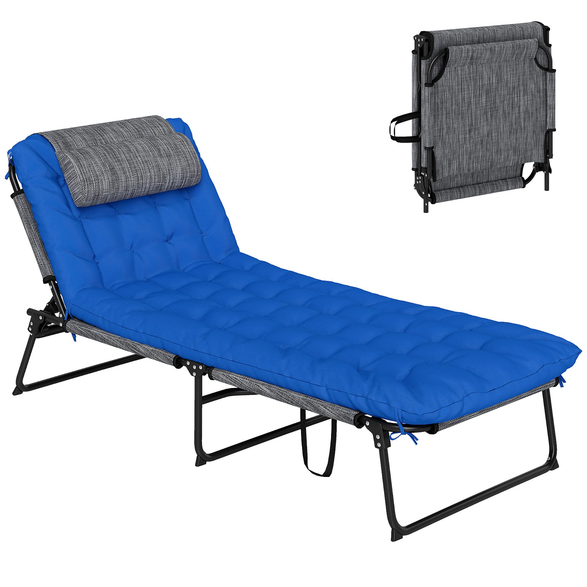 Outsunny Gartenliege Campingliege mit Kopfkissen, verstellbare Rückenlehne, Gartenstuhl, wetterfest Liegestuhl, 1 St., klappbar Sonnenliege, bis 120 kg belastbar, für Garten Outdoor Pool, Blau