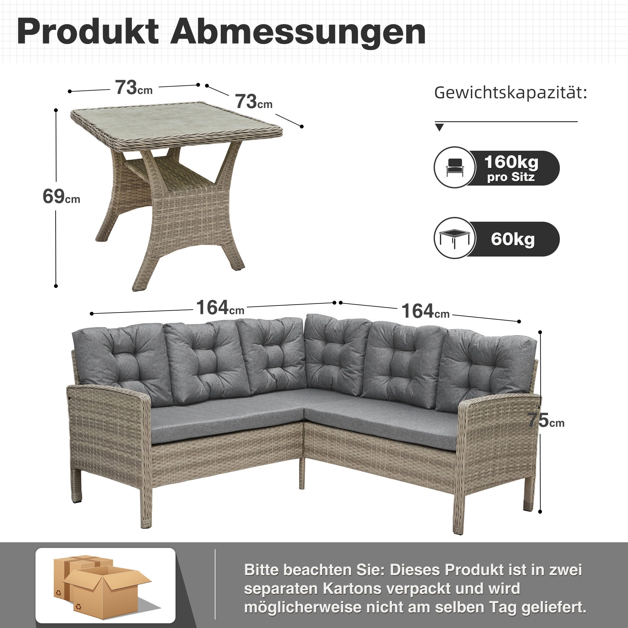 HOMECALL Gartenlounge-Set Gartenlounge-Set Dining Lounge mit Esstisch, Rattan für 5-6 Personen, (Set, 2x 2er Sofa, 1x 1er Sofa, 1x Tisch 73x73x69cm,Loungeset Outdoor), Wetterfester Rahmen Sitzbereich für 5 Personen, COMLAX FIELD