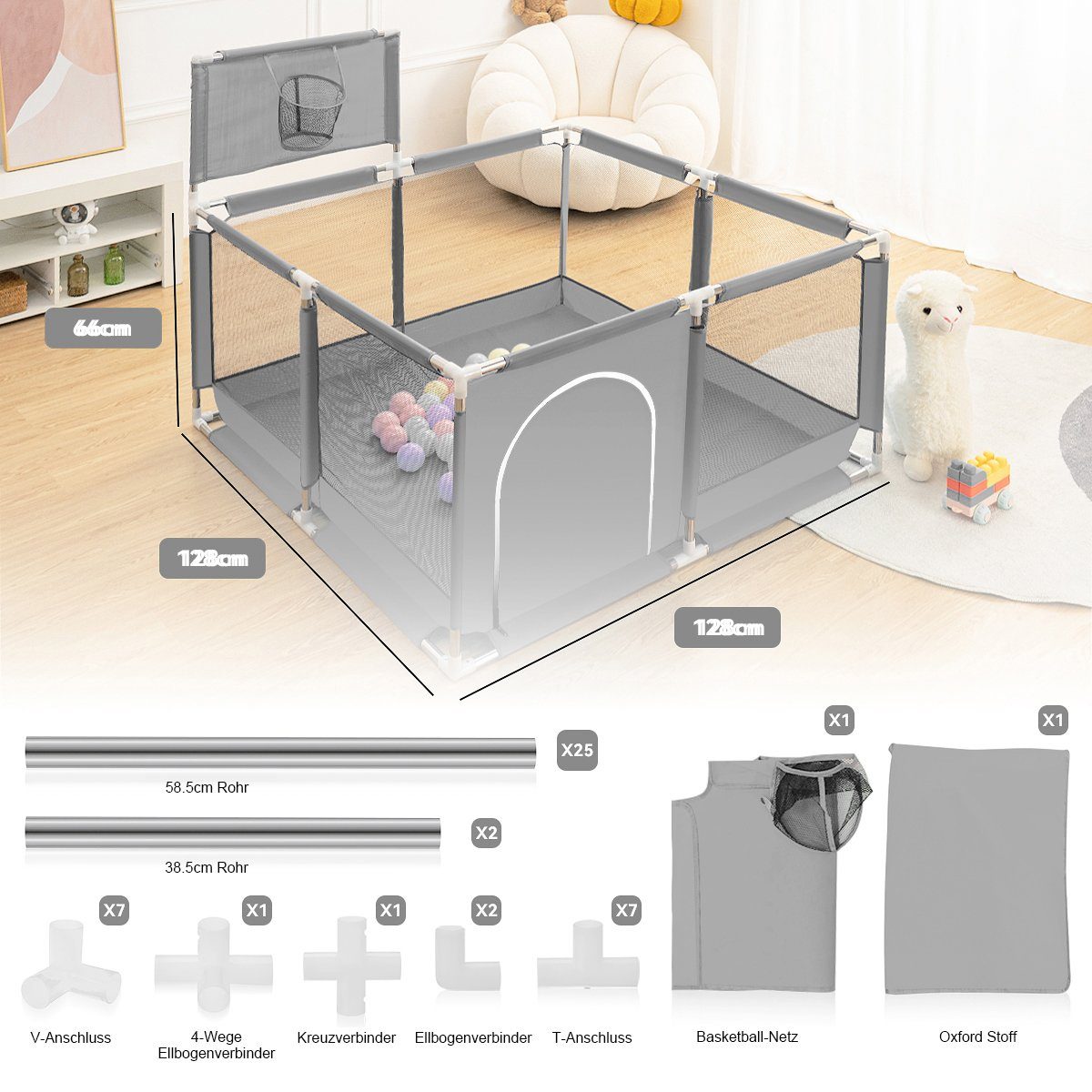 Comomy Laufgitter (Baby Krabbelgitter, 1-tlg), mit Basketball-Netz 128x66cm