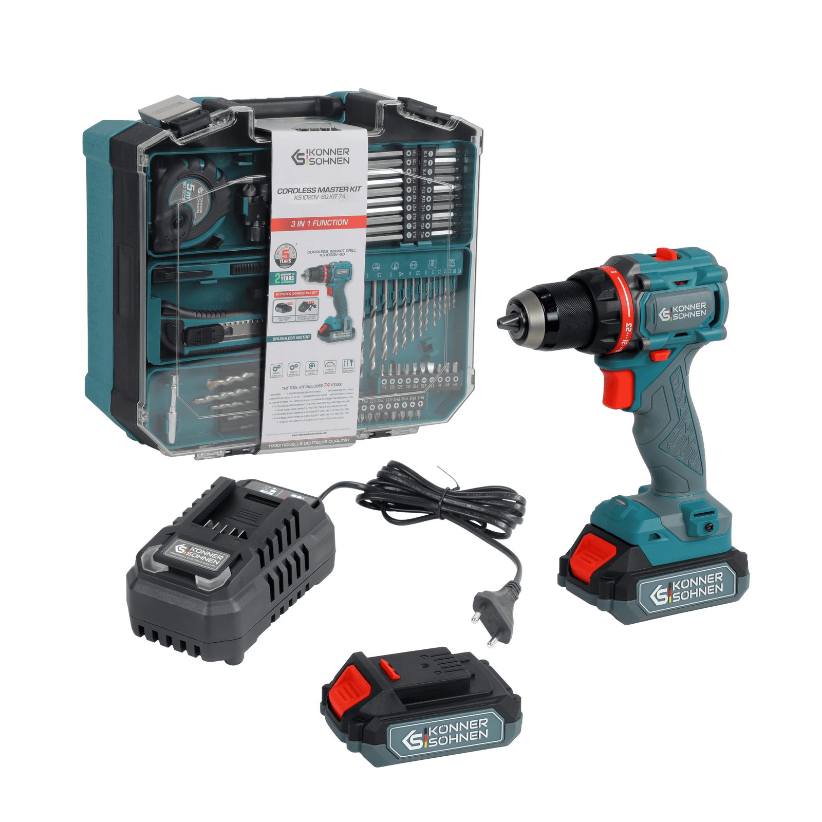 Könner & Söhnen Kinder-Akkuschrauber KS ID20V-60 KIT 74, (60 Nm Bohrmaschine für Holz und Metall mit Akku)