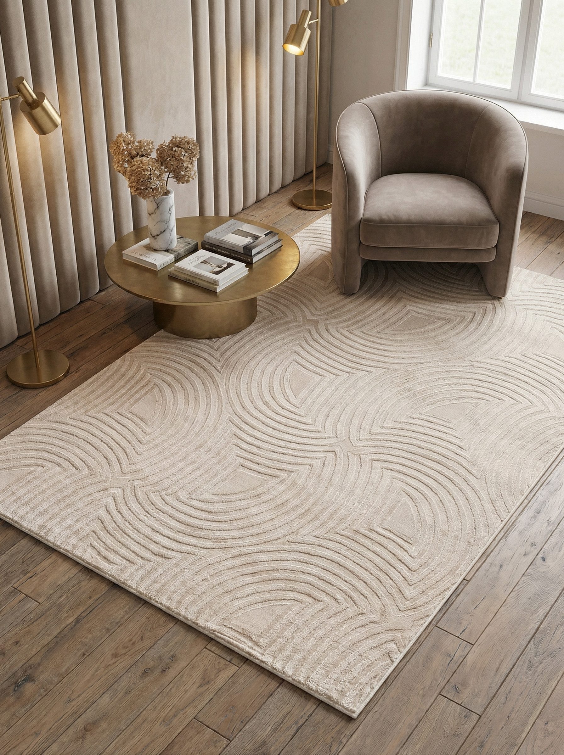 KADIMA DESIGN Teppich ILLER Wohnzimmer Schlafzimmer Waschbar Wohnzimmerteppich Esszimmer, Läufer, Höhe: 14 mm, Beige, 80x150 cm, Strapazierfähig Fußbodenheizung – Bild 2 von 5