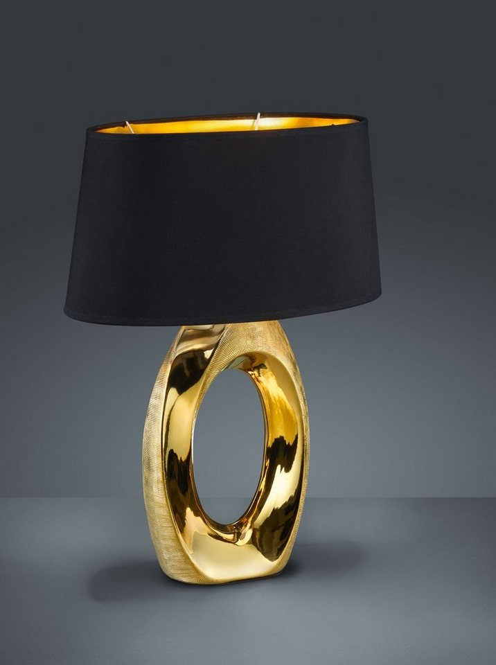 TRIO Leuchten Schreibtischlampe Taba, ohne Leuchtmittel, Nachttischlampe,  Tischlampe golfarbig, Stoffschirm in schwarz/gold, Dekorative Tischleuchte  mit Keramikfuß und