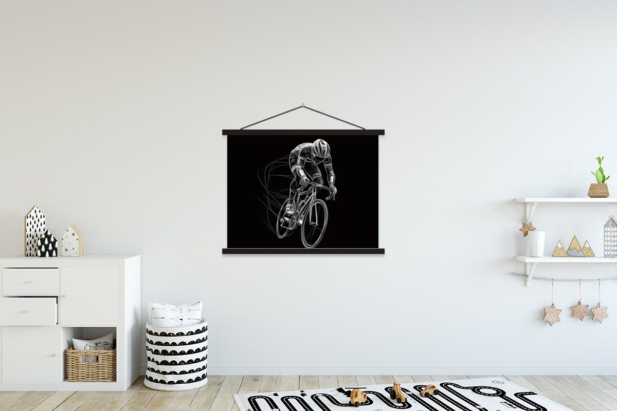 MuchoWow Poster Strichzeichnung - Weiß - Radfahren - Geschwindigkeit, (1 St), Bilderhalter, Bilderrahmen, Magnet Rahmen, Holz, 150x113 cm