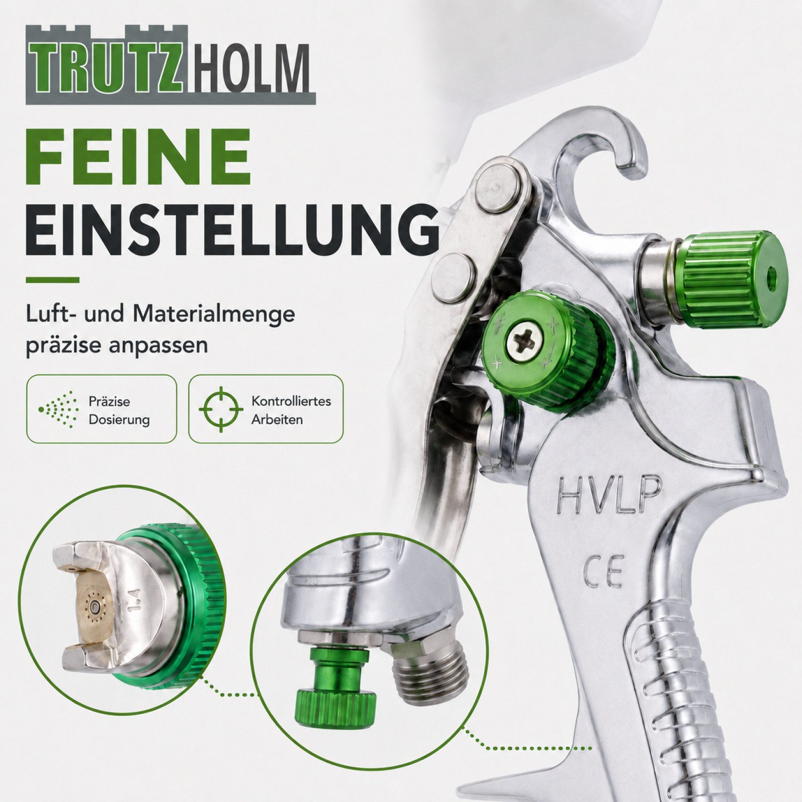 TRUTZHOLM Lackierpistole HVLP Lackierpistole 3 Edelstahldüsen 1,4mm 1,7mm 2,0mm 600ml Becher, Set, 16-tlg., Der empfohlene Druck von 2,5-3,5 bar hängt von der Lackierweise ab.