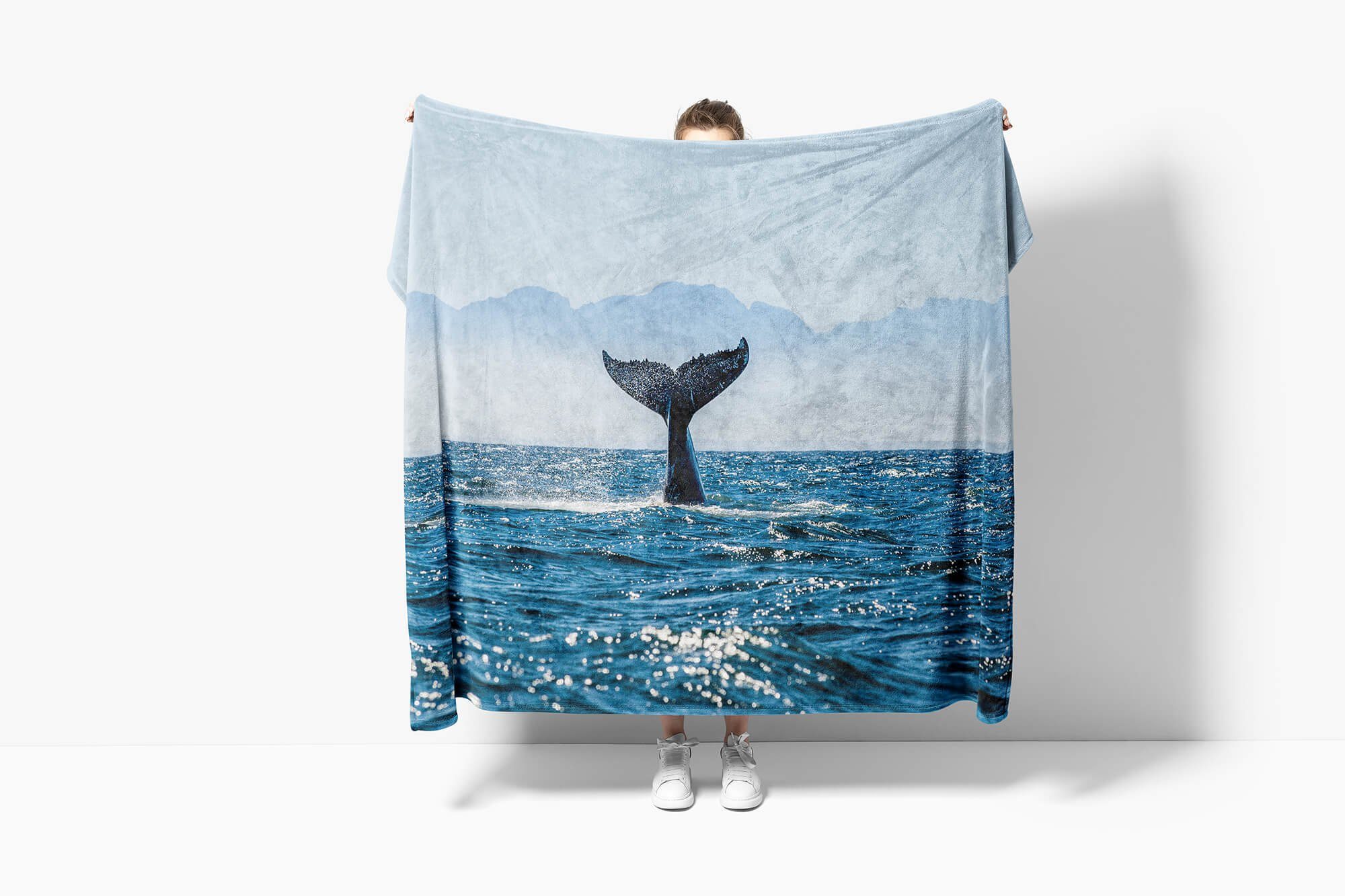Baumwolle-Polyester-Mix Art Handtuch Walflosse Strandhandtuch Fotomotiv Handtücher Kuscheldecke Wa, mit Handtuch Sinus Saunatuch (1-St), Ozean