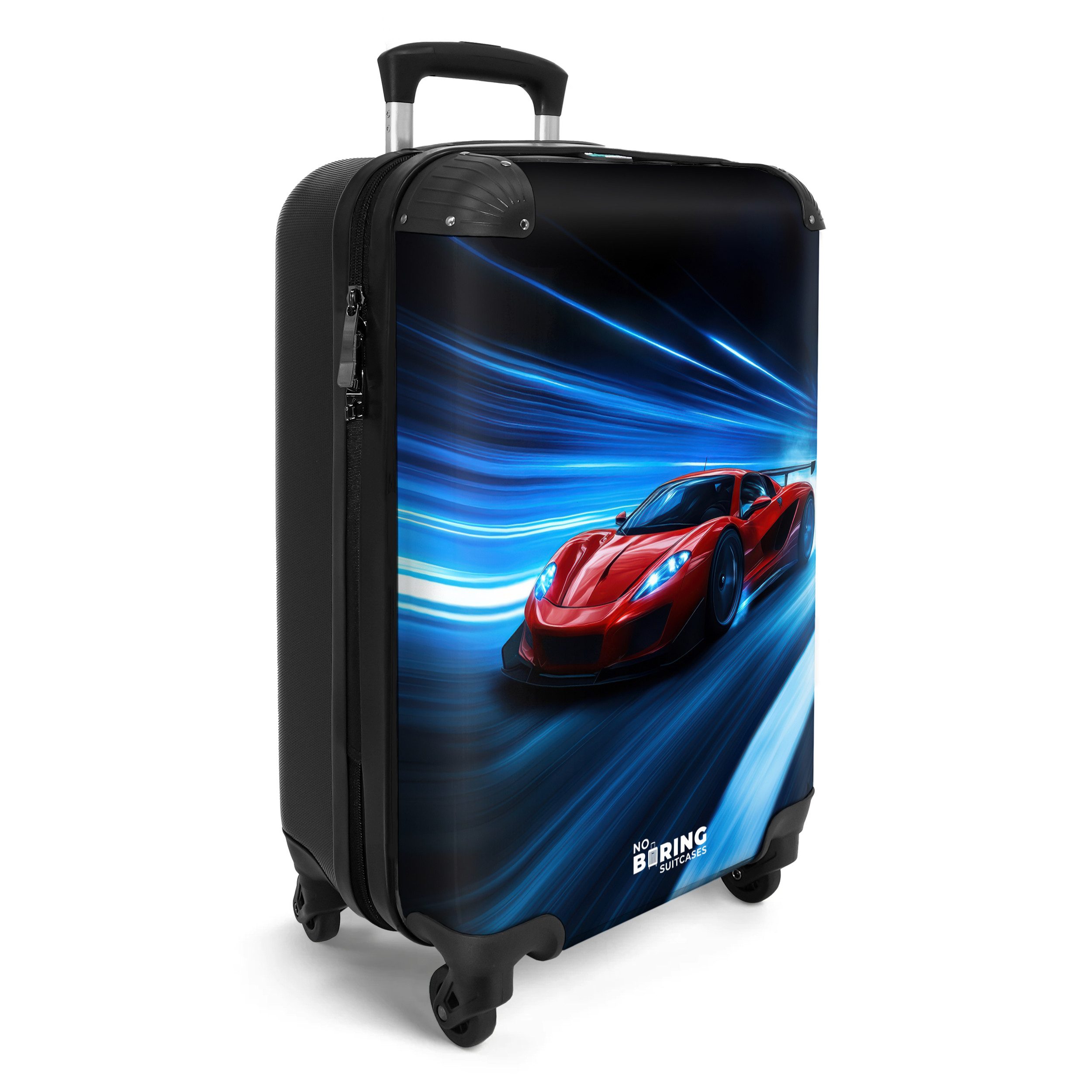 NoBoringSuitcases.com© Kinderkoffer Roter Rennwagen in der digitalen Geschwindigkeitswelt 55x35x20cm, 4 Rollen, Handgepäck Koffer, Hartschalenkoffer Kinder, Reisekoffer Jungen