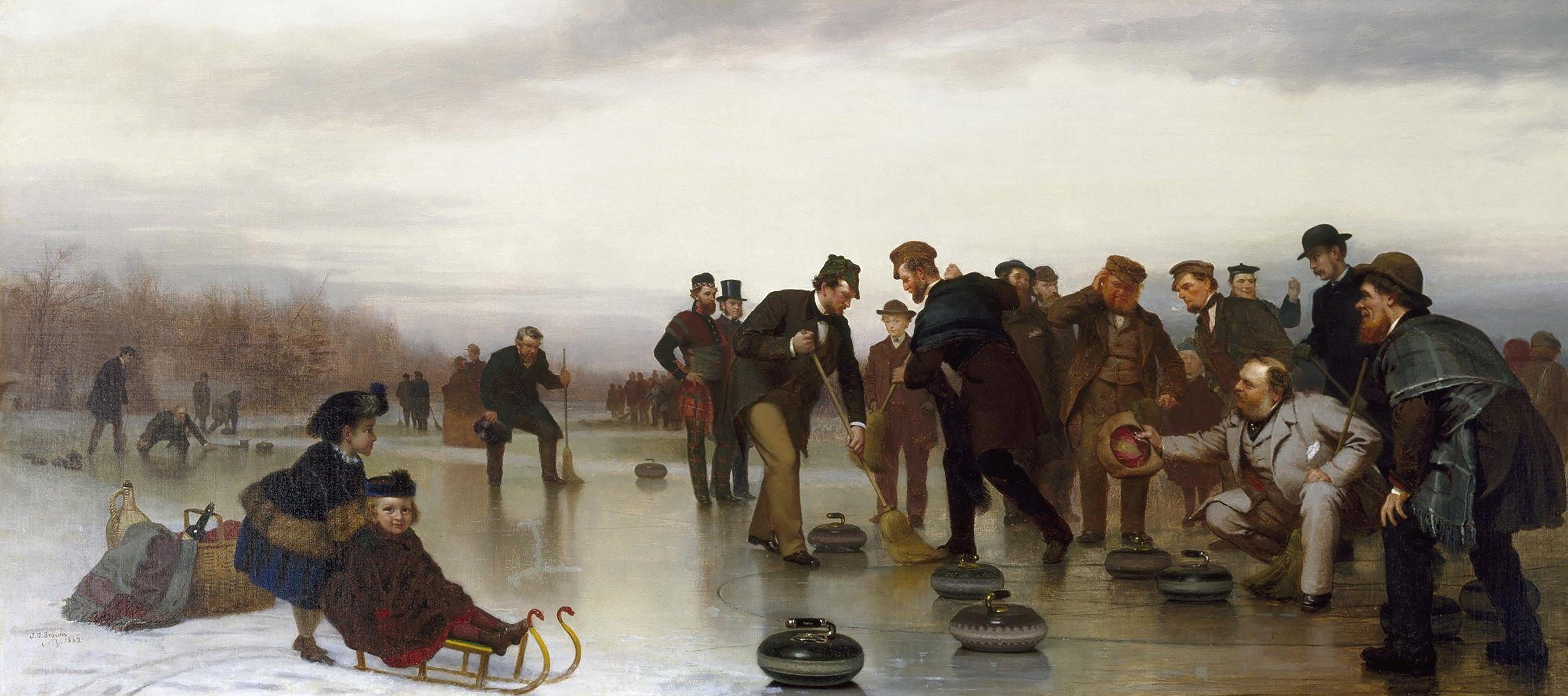 BillerAntik Kunstdruck Curling, a Scottish Game, at Central Park John George Brown Eis Sport, (1 St)