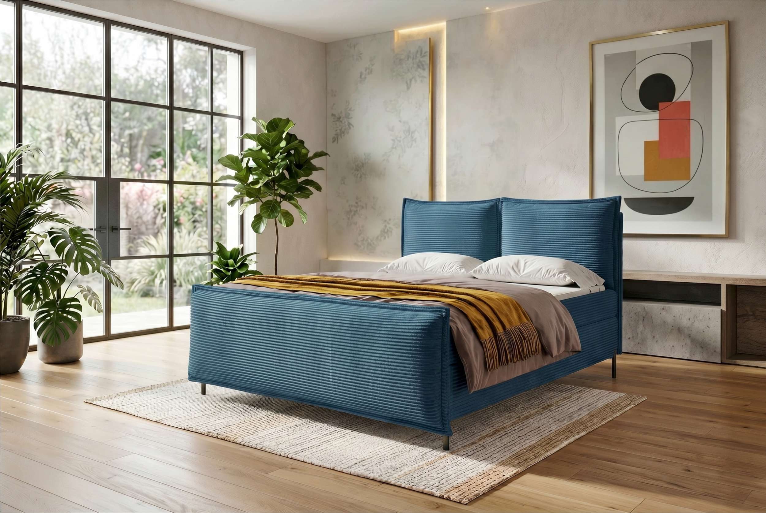 Sofa Dreams Boxspringbett Elysio Plus in Stoff (Schlafzimmerbett, Bett), 140/160/180/200x200 cm, in Cord POSO, mit Topper, Bettkasten