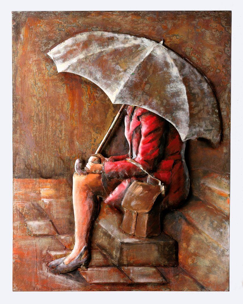 GILDE GALLERY 1 Metallbild St) Frau rain, Waiting in Metallbild, (1 DE3155BI mit Regenschirm the