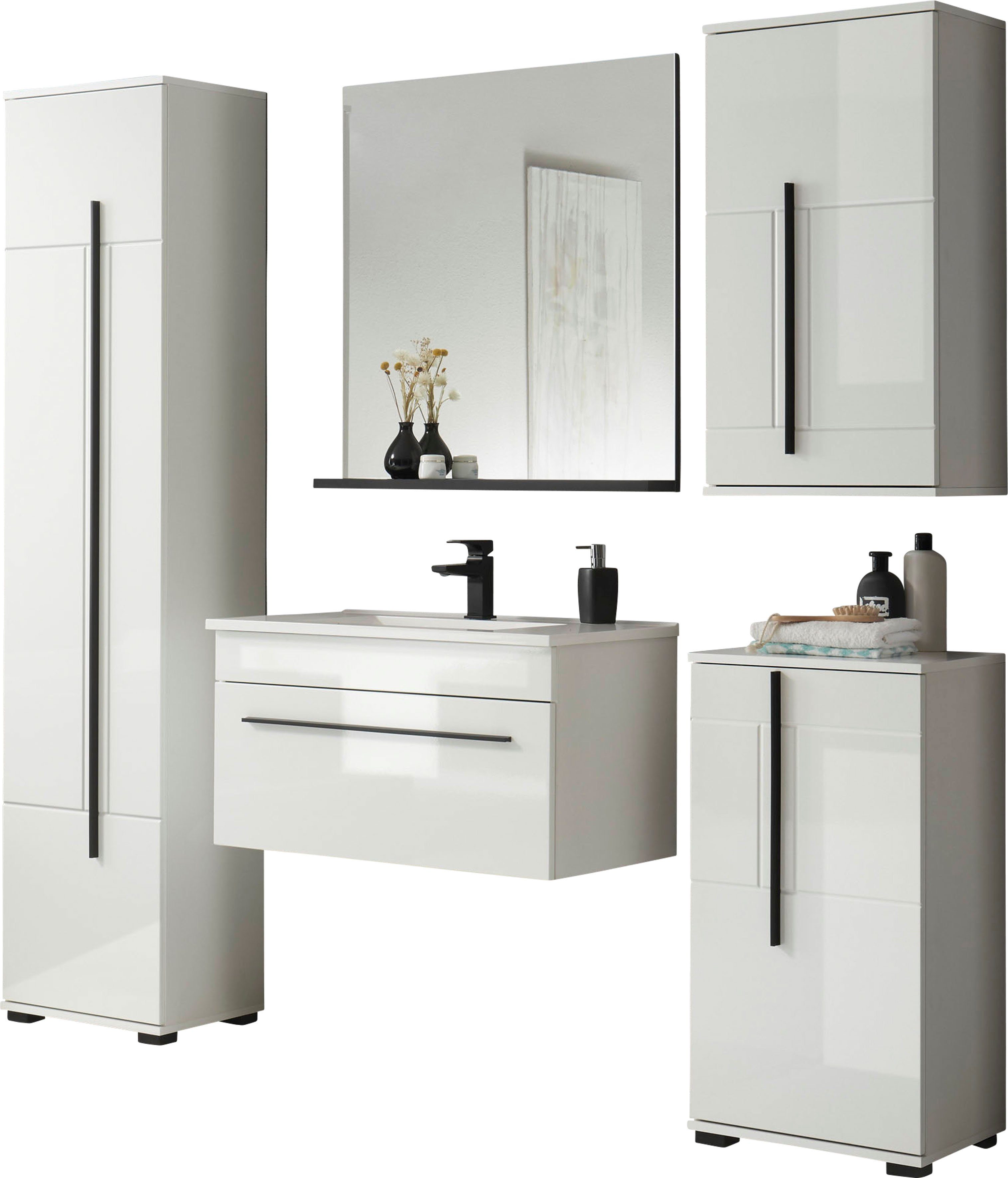 INOSIGN Badmöbel-Set Cantara, Bad im modernen Design, 5-teiliges Badezimmer, (Set, 5-St), Waschtisch, Schränke, Hängeschrank und Spiegel, in Weiß Hochglanz