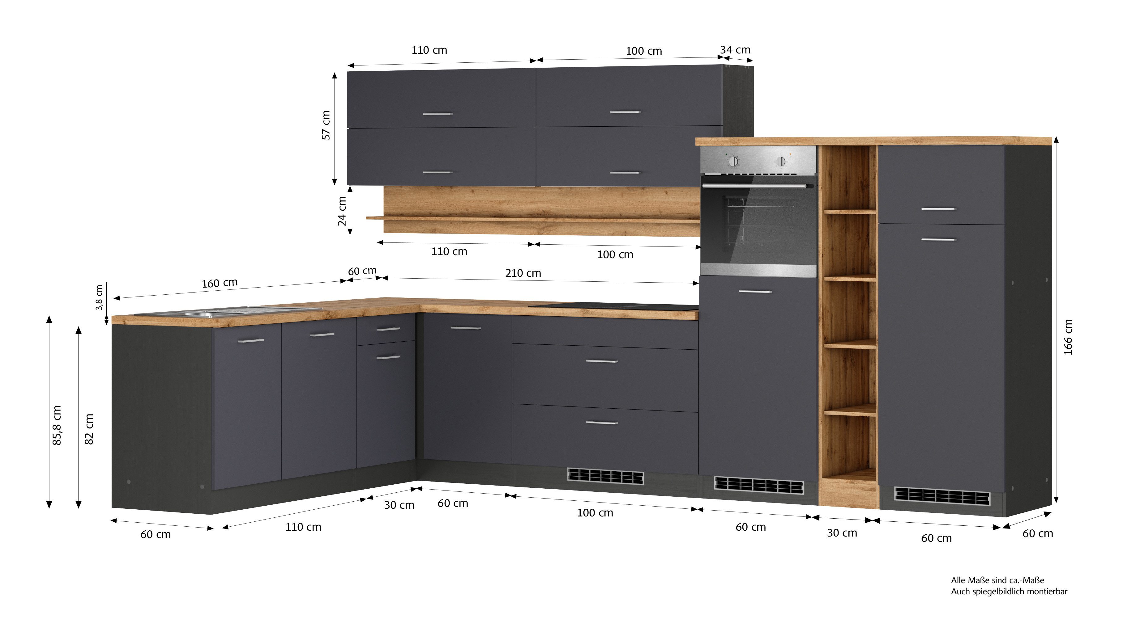 KOCHSTATION Winkelküche KS-Milan, optional mit Muldenlüfter, Stellbr.360/220 cm, wahlweise mit E-Geräten, Kochfeld mit Dunstabzug