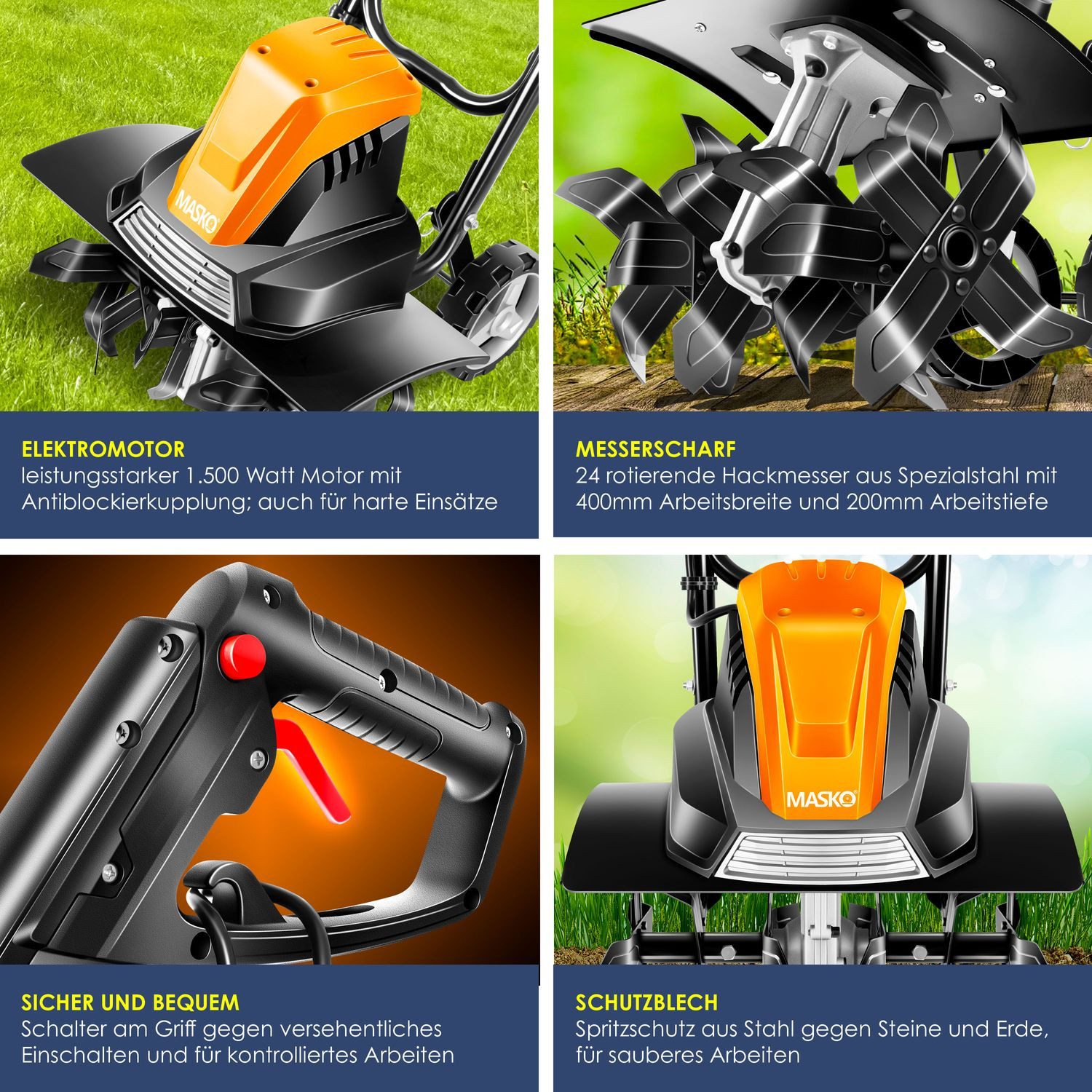 MASKO Elektromotorhacke, Gartenfräse elektrische Motorhacke 1500 Watt 40cm Arbeitsbreite 20cm
