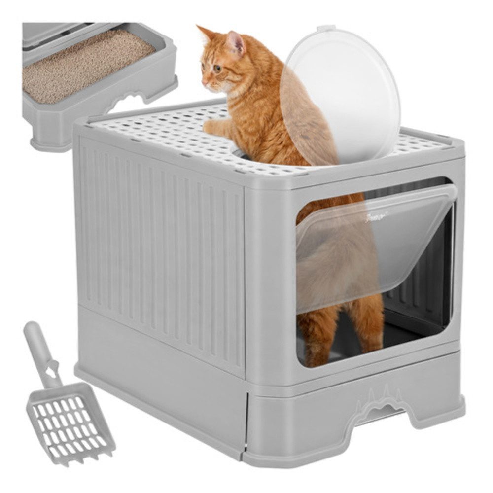 Purlov Katzentoilette Katzenklo Haubentoilette Streuschublade, geschlossen, Streuschublade, Dachausstieg, Schaufel