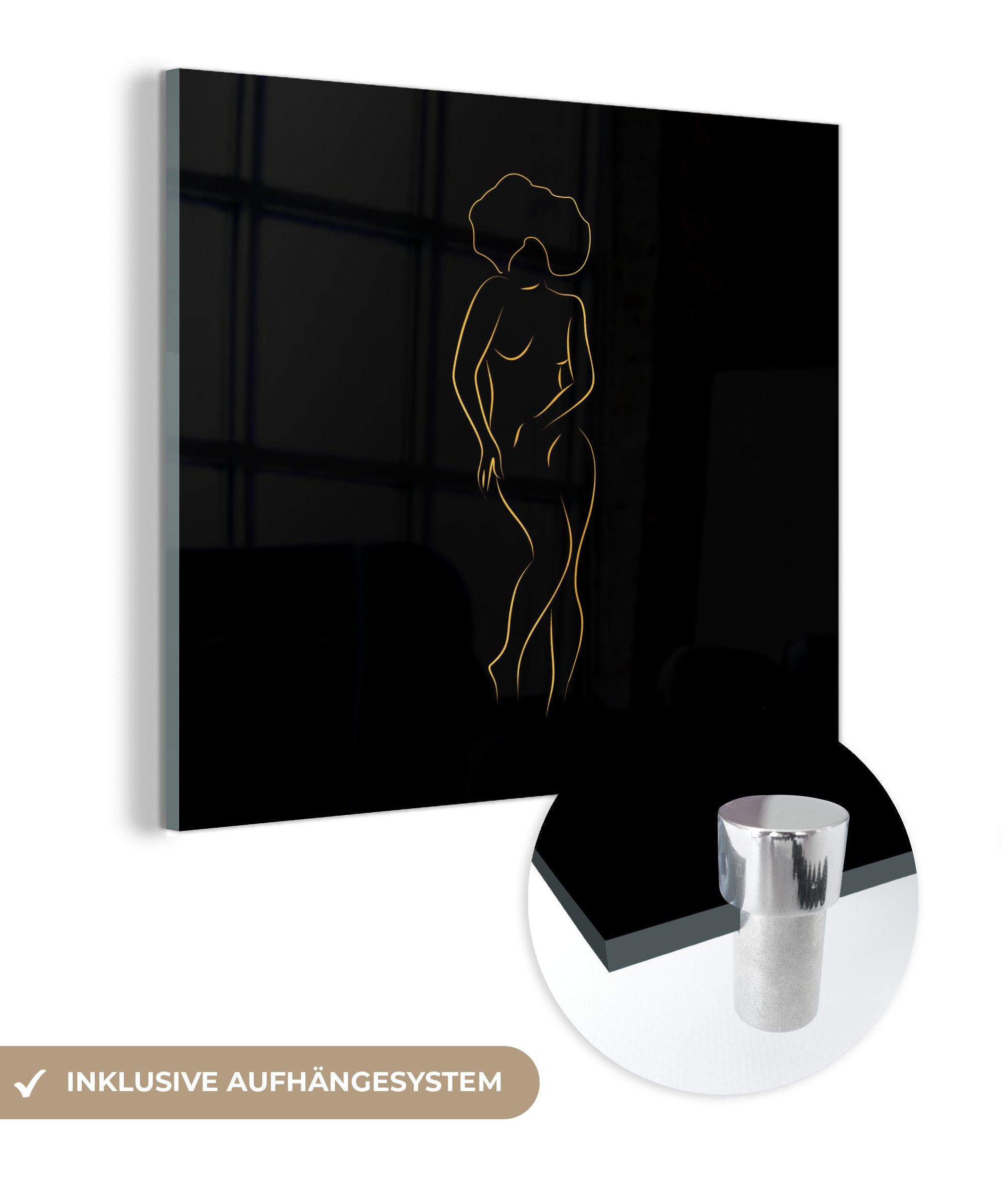 MuchoWow Acrylglasbild Frau - Wandbild St), Glas Foto - Bilder Glas Glasbilder - (1 Strichzeichnung, - Schwarz auf - Gold Wanddekoration - auf