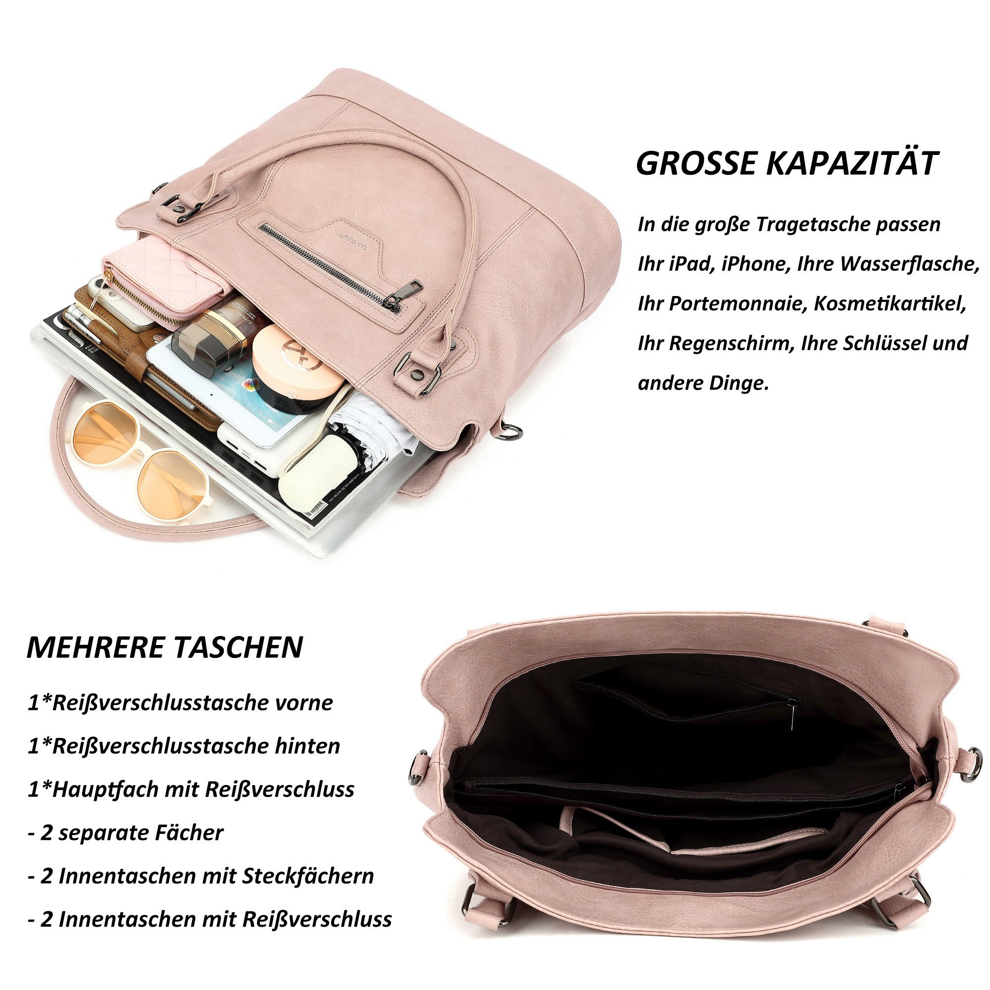 TAN.TOMI Handtasche Damen Schultertasche - Set Shopper Umhängetasche Henkeltasche, Mit abnehmbarem Schultergurt für Einkauf Reise Büro Schule – Bild 4 von 5
