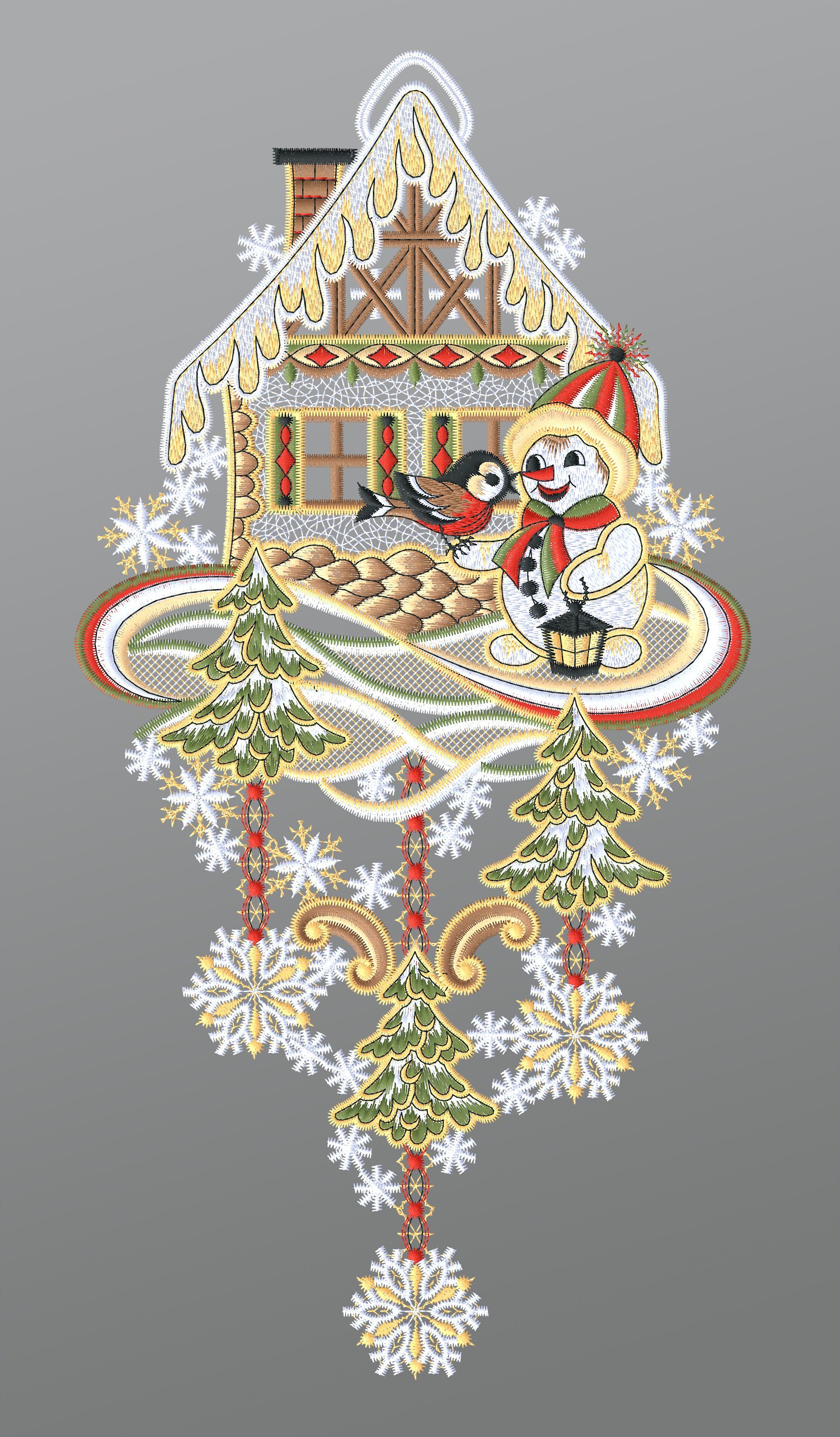 Plauener Spitze® Fensterbild Schneemann mit Winterhäuschen, günstig online kaufen