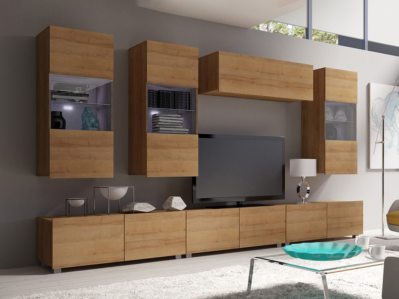 HAUSELEMENT Wohnwand CALABRINI-11, (7-St), Hängewohnwand Schrankwand LED-Beleuchtung Anbauwand Modern