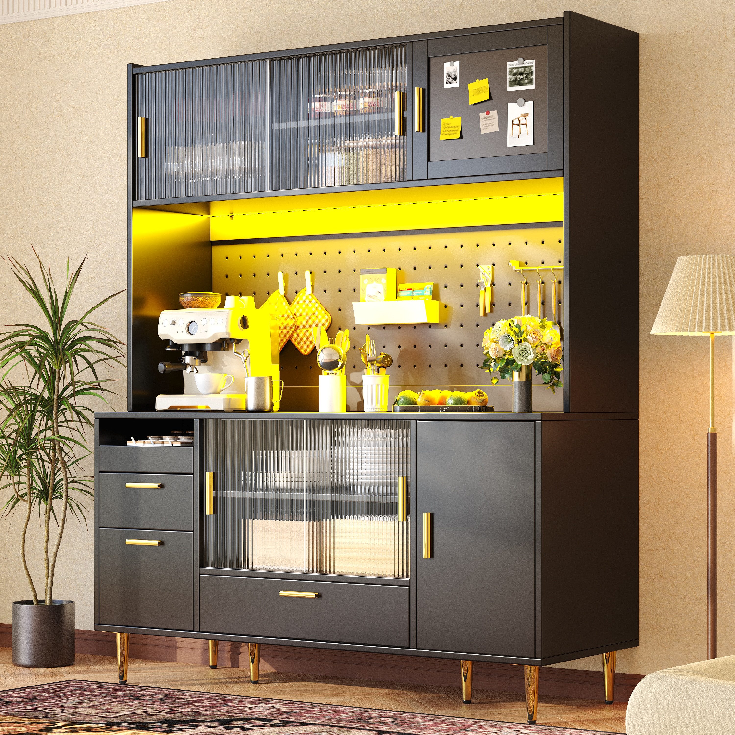 Flieks Küchenbuffet mit LED-Beleuchtung, Lochwand, Glas-Schiebetüren & Magnettür (Hochschrank mit Arbeitsplatte, 1-St., 140x40x180 cm) Küchenschrank mit Schubladen & verstellbarer Einlegeböden Schwarz