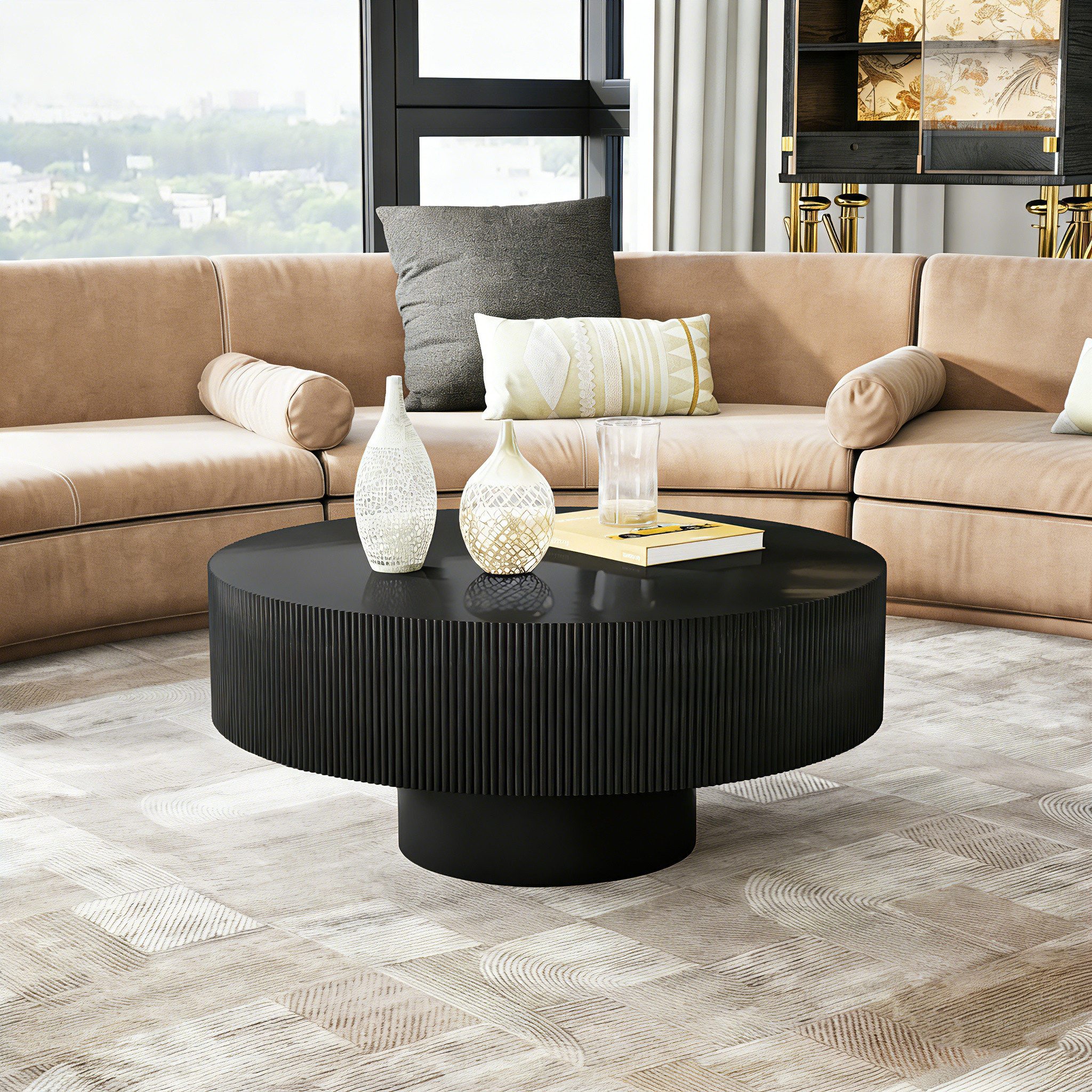 PEALOV Couchtisch mit Rillenoptik, Runder Sofatisch aus MDF, Werkzeuglose Montage (1-St), für Wohnzimmer, Schlafzimmer und Büro, Ø 78,5 cm/Ø 70cm