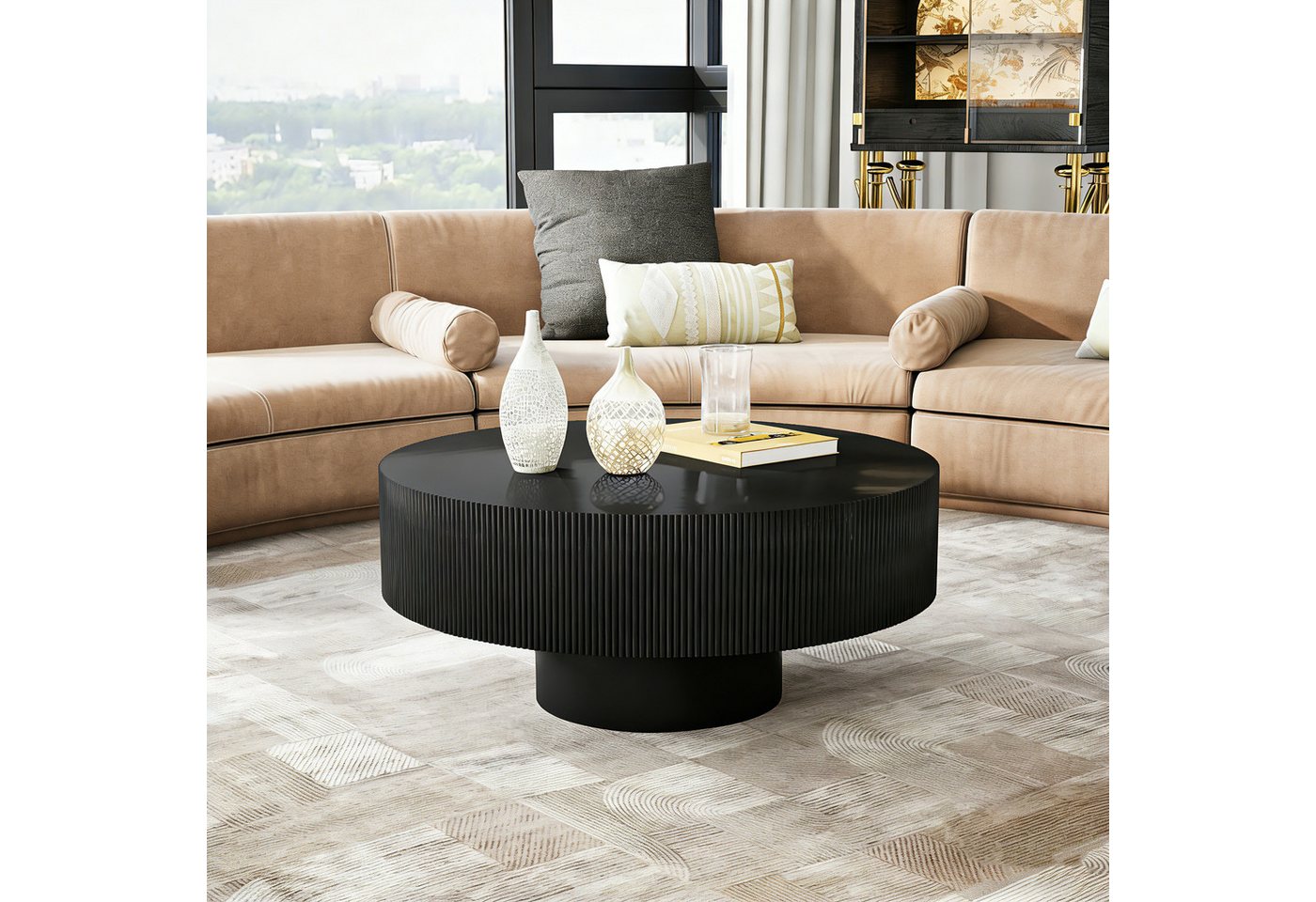 PEALOV Couchtisch mit Rillenoptik, Runder Sofatisch aus MDF, Werkzeuglose Montage (1-St), für Wohnzimmer, Schlafzimmer und Büro, Ø 78,5 cm/Ø 70cm