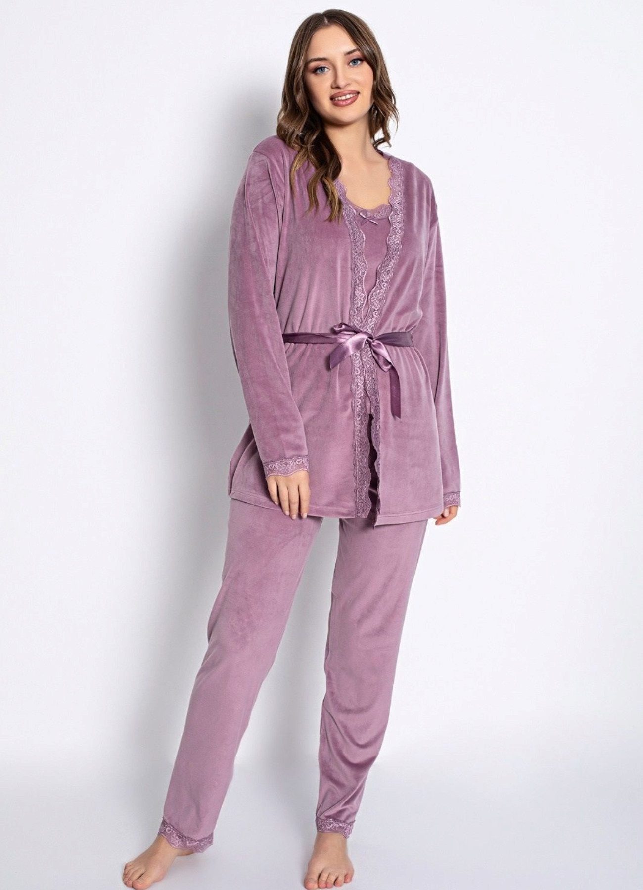 fashionshowcase Hausanzug 3 teiliger Pyjama Schlafanzug mit Morgenmantel 100% Samt